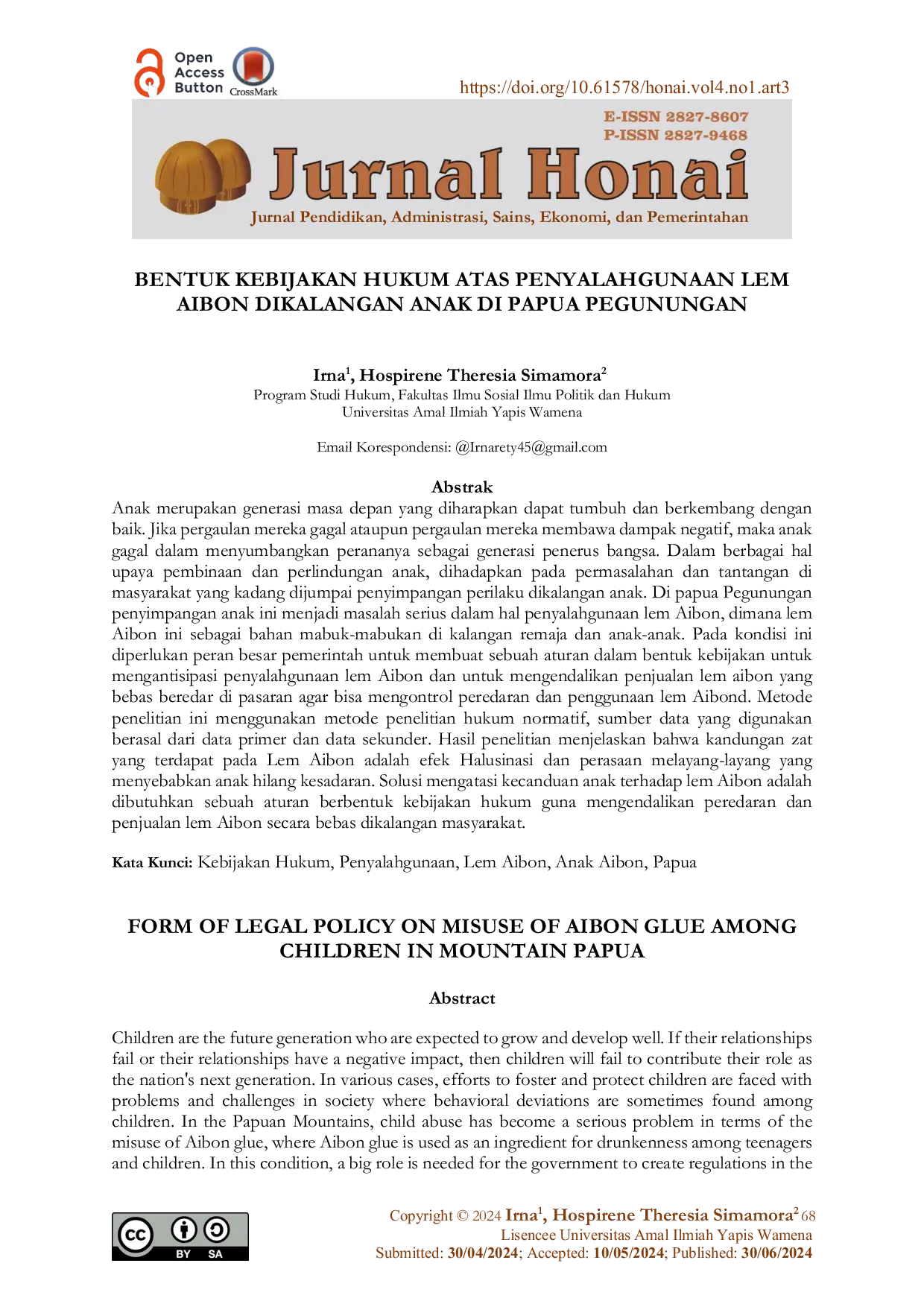 JURIS Bentuk Kebijakan Hukum Atas Penyalahgunaan Lem Aibon Di Dikalangan Anak Di Papua Pegunungan