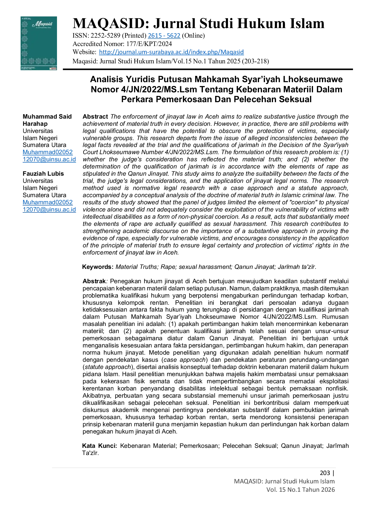 JURIS Analisis Yuridis Putusan Mahkamah Syar iyah Lhokseumawe Nomor 4 JN 2022 MS Lsm Tentang Kebenaran Materiil Dalam Perkara Pemerkosaan Dan Pelecehan Seksual