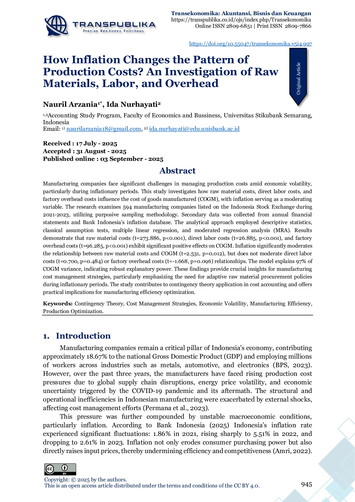 JURIS How Inflation Changes the Pattern of Production Costs An Investigation of Raw Materials Labor and Overhead