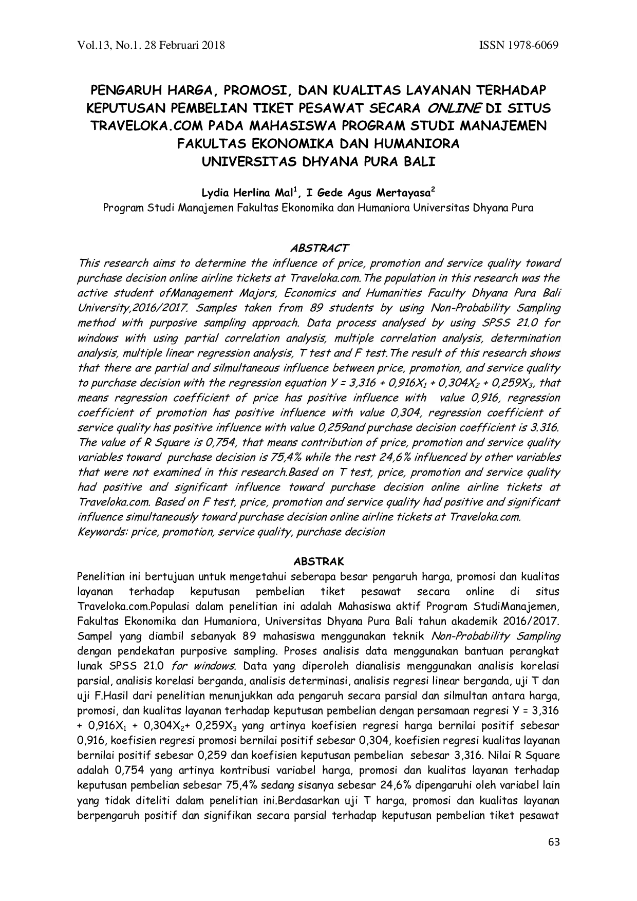 JURIS Pengaruh Harga Promosi Dan Kualitas Layanan Terhadap Keputusan Pembelian Tiket Pesawat Secara Online Di Situs Traveloka Com Pada Mahasiswa Program Studi Manajemen Fakultas Ekonomika Dan Humaniora Un