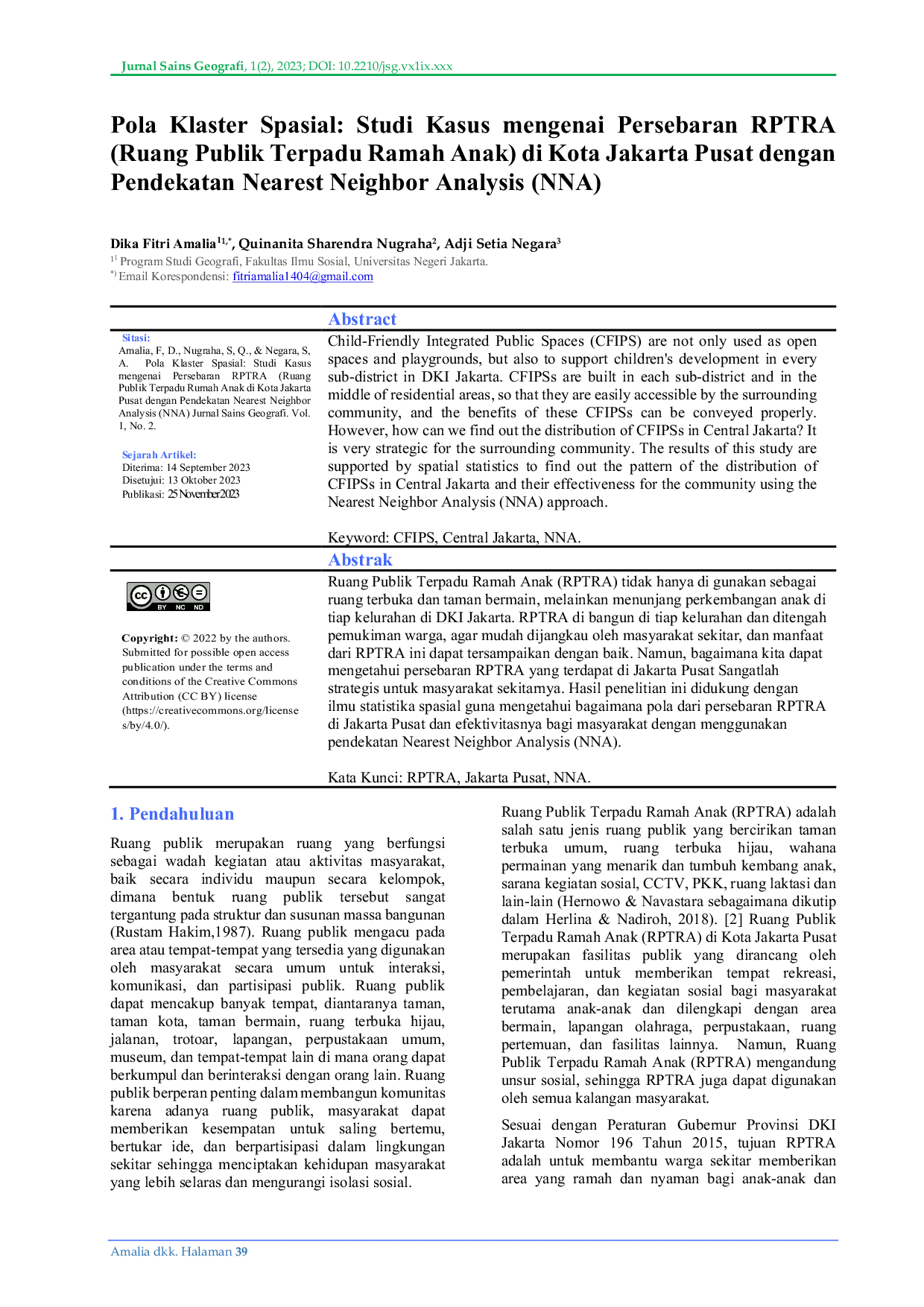 JURIS Pola Klaster Spasial Studi Kasus Mengenai Persebaran RPTRA Ruang Publik Terpadu Ramah Anak di Kota Jakarta Pusat dengan Pendekatan Nearest Neighbor Analysis NNA