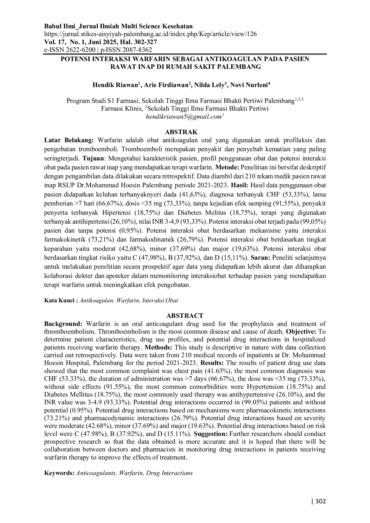 JURIS Potensi Interaksi Warfarin Sebagai Antikoagulan Pada Pasien Rawat Inap Di Rumah Sakit Palembang