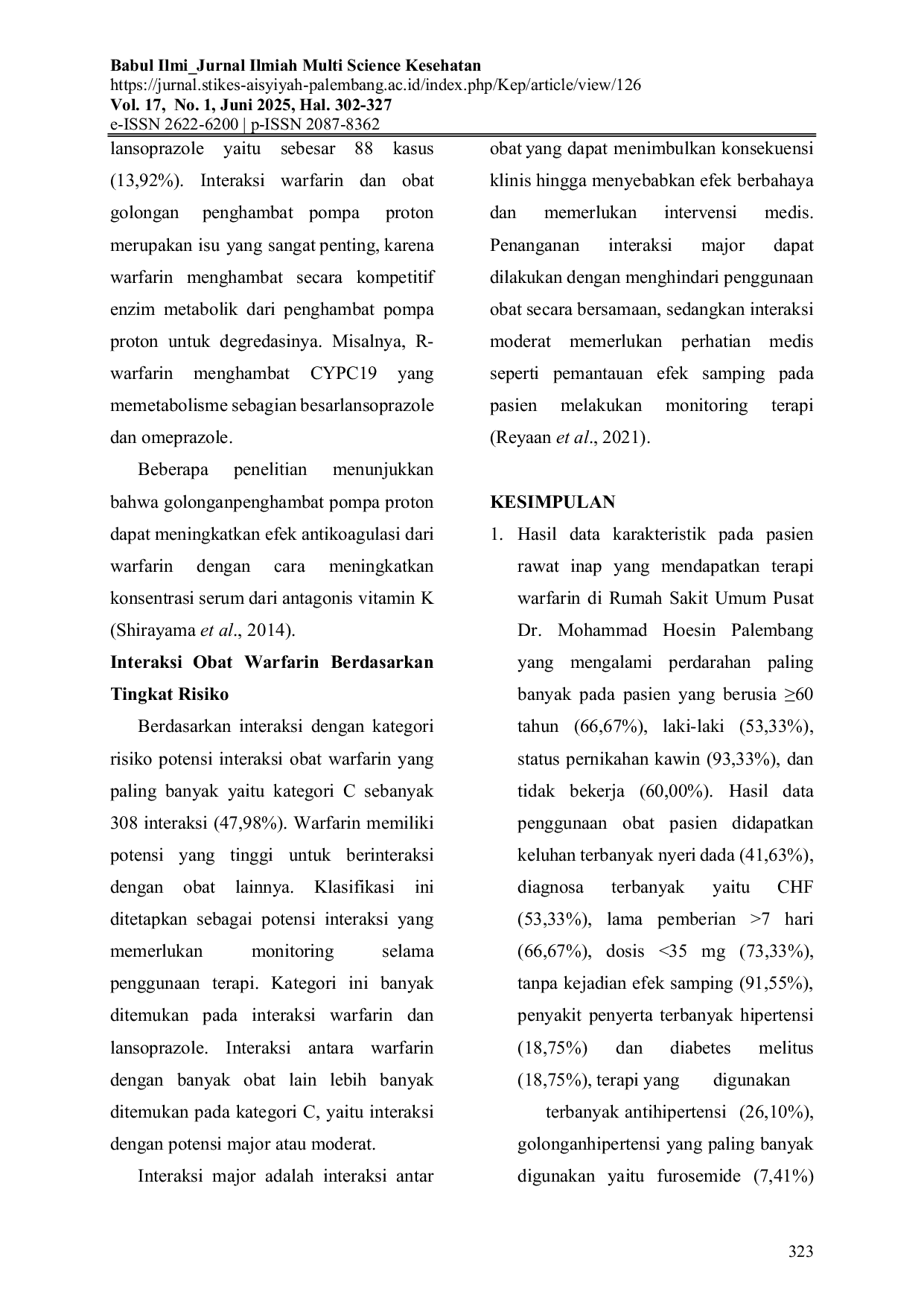 JURIS Potensi Interaksi Warfarin Sebagai Antikoagulan Pada Pasien Rawat Inap Di Rumah Sakit Palembang