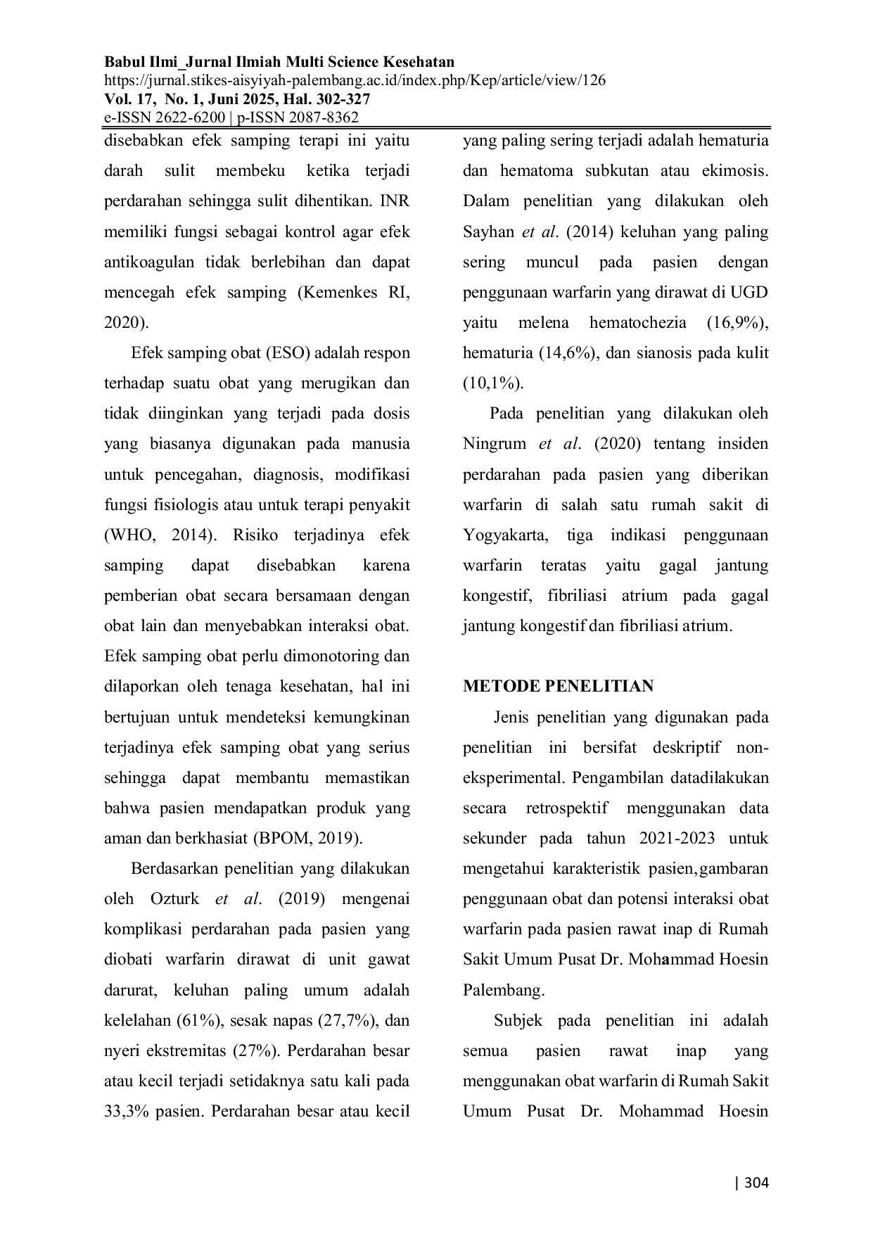 JURIS Potensi Interaksi Warfarin Sebagai Antikoagulan Pada Pasien Rawat Inap Di Rumah Sakit Palembang