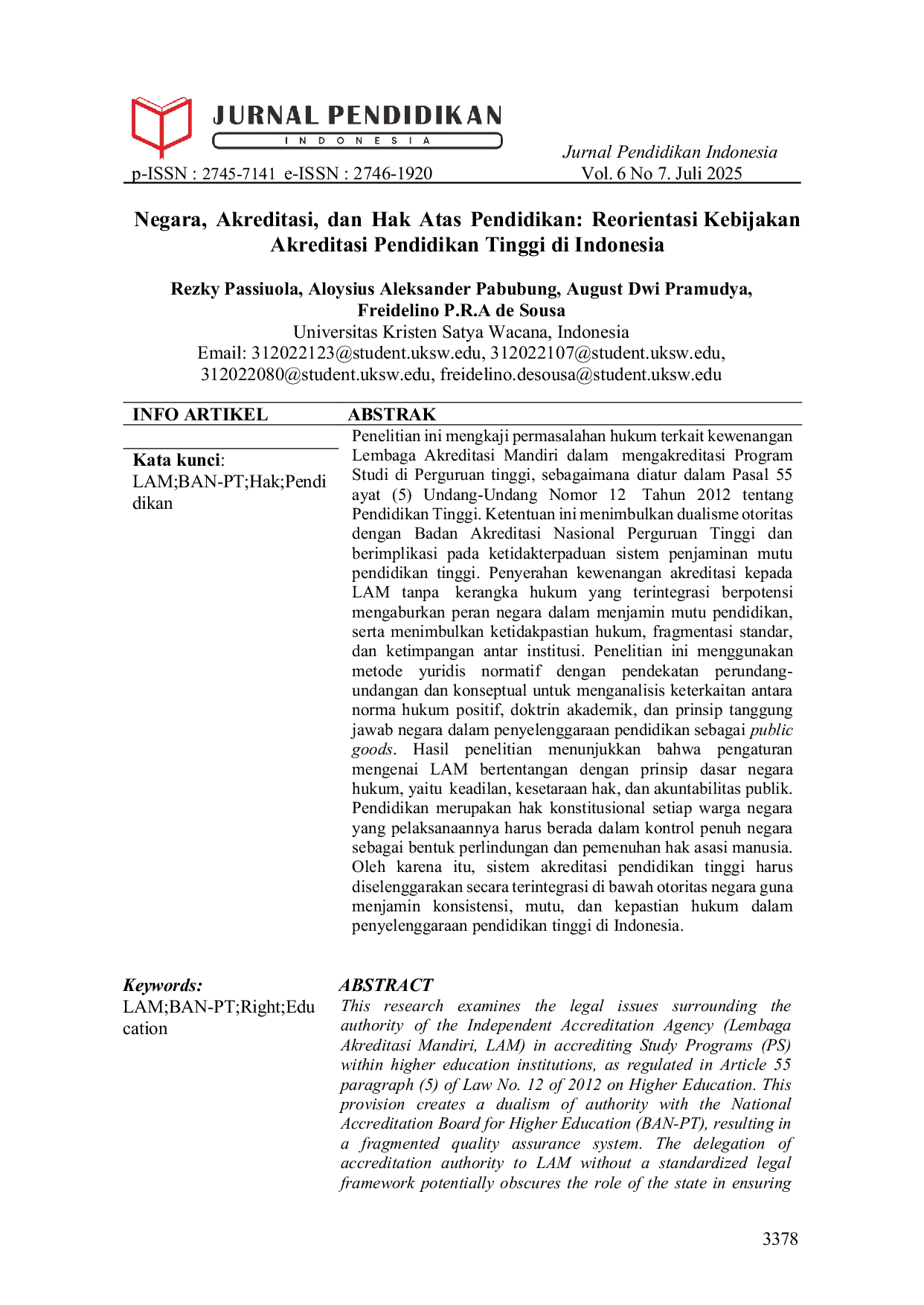 JURIS Negara Akreditasi Dan Hak Atas Pendidikan Reorientasi Kebijakan Akreditasi Pendidikan Tinggi Di Indonesia