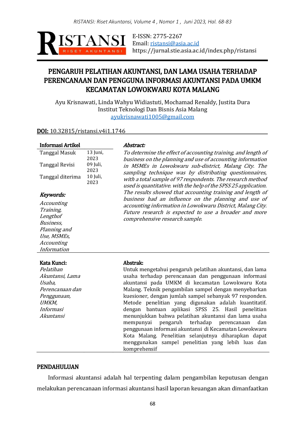 JURIS Pengaruh Pelatihan Akuntansi dan Lama Usaha Terhadap Perencanaan dan Penggunaan Informasi Akuntansi pada UMKM Kecamatan Lowokwaru Kota Malang