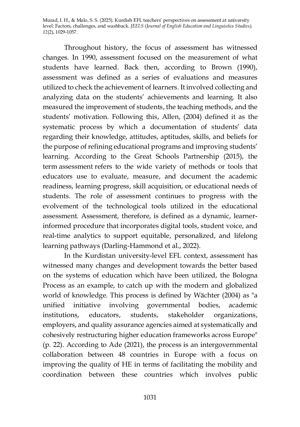 JURIS Kurdish EFL teachers perspectives on assessment at university level Factors challenges and washback