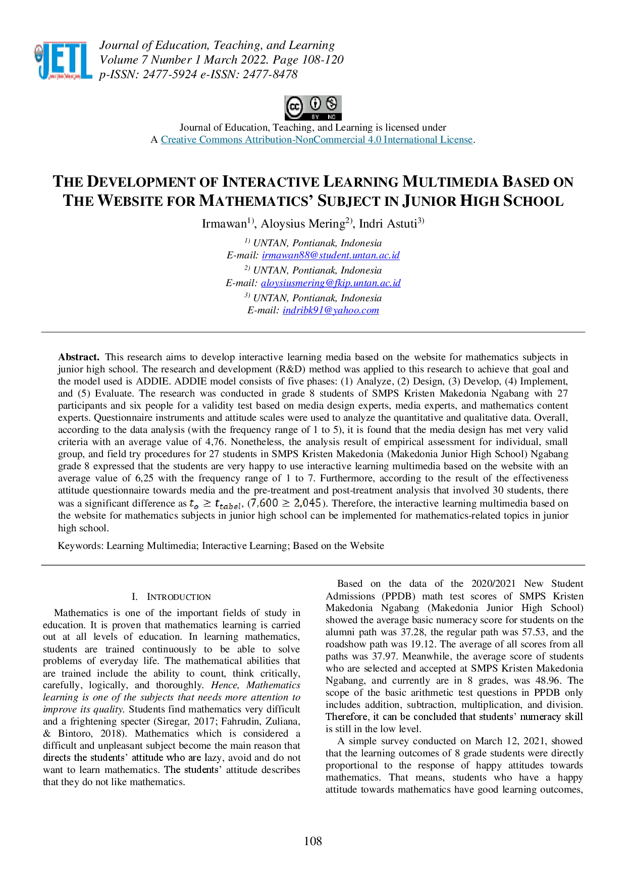 juris The Development of Interactive Learning Multimedia Based on The Website for Mathematics Subject in Junior High School