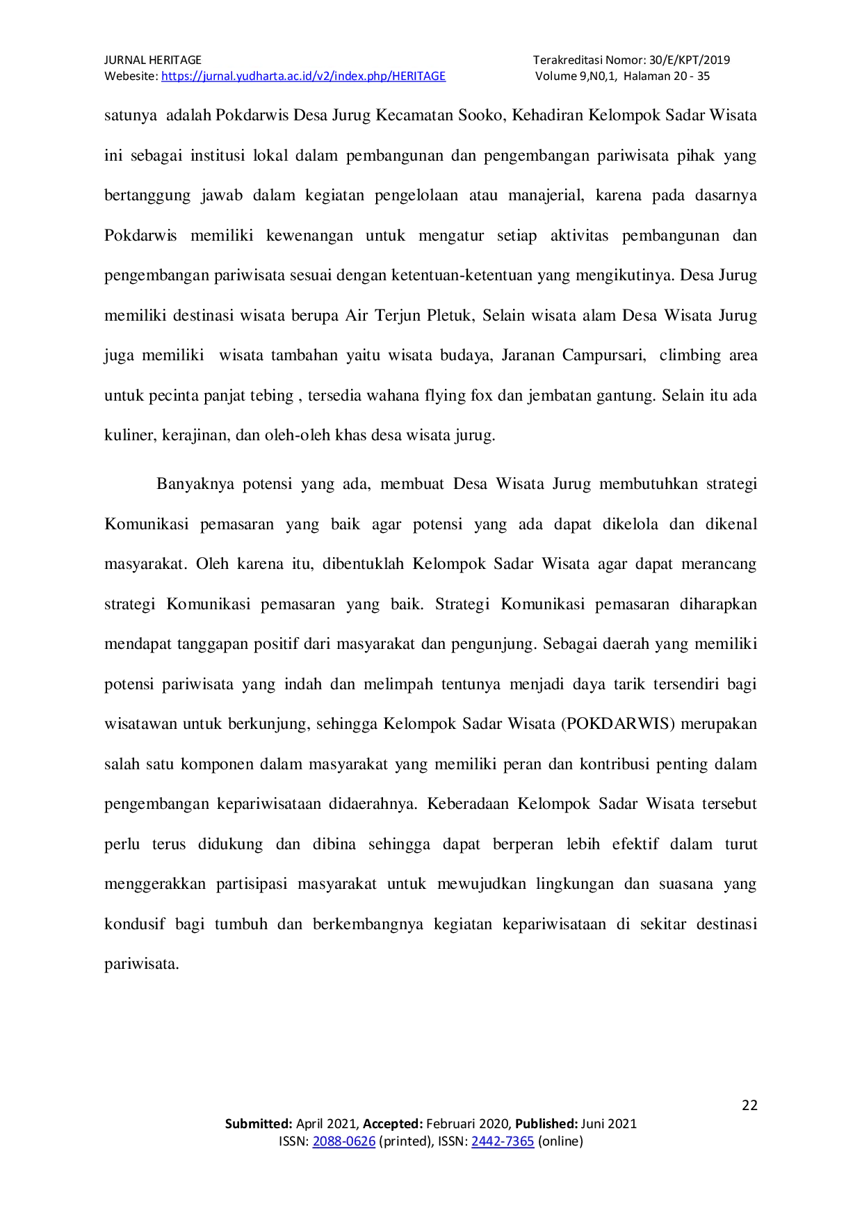 JURIS Pengembangan Strategi Komunikasi Pemasaran Pokdarwis Desa Jurug Dalam Meningkatkan Kunjungan Wisatawan Studi Kasus Di Desa Wisata Jurug Kecamatan Sooko Kabupaten Ponorogo