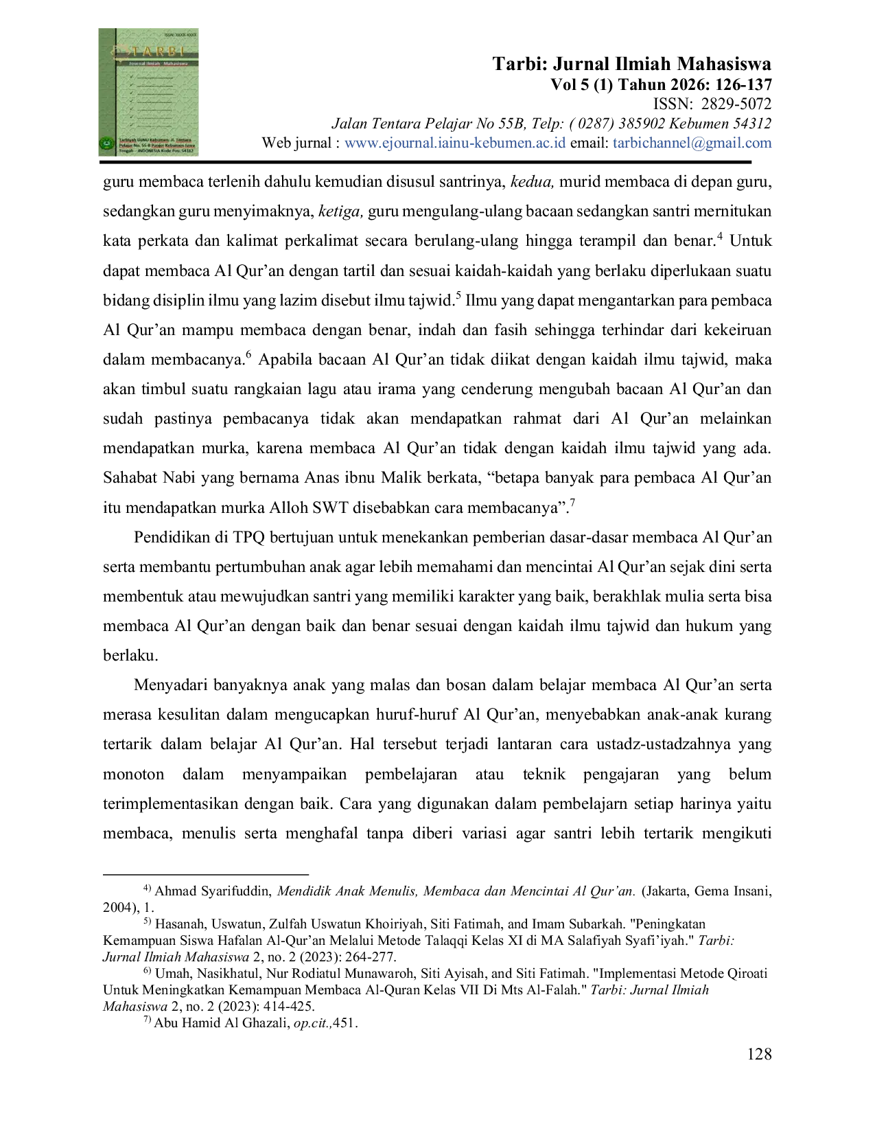 JURIS Strategi peningkatan kemampuan membaca Al Qur an di TPQ Darussalam Desa Bandung Kecamatan Kebumen