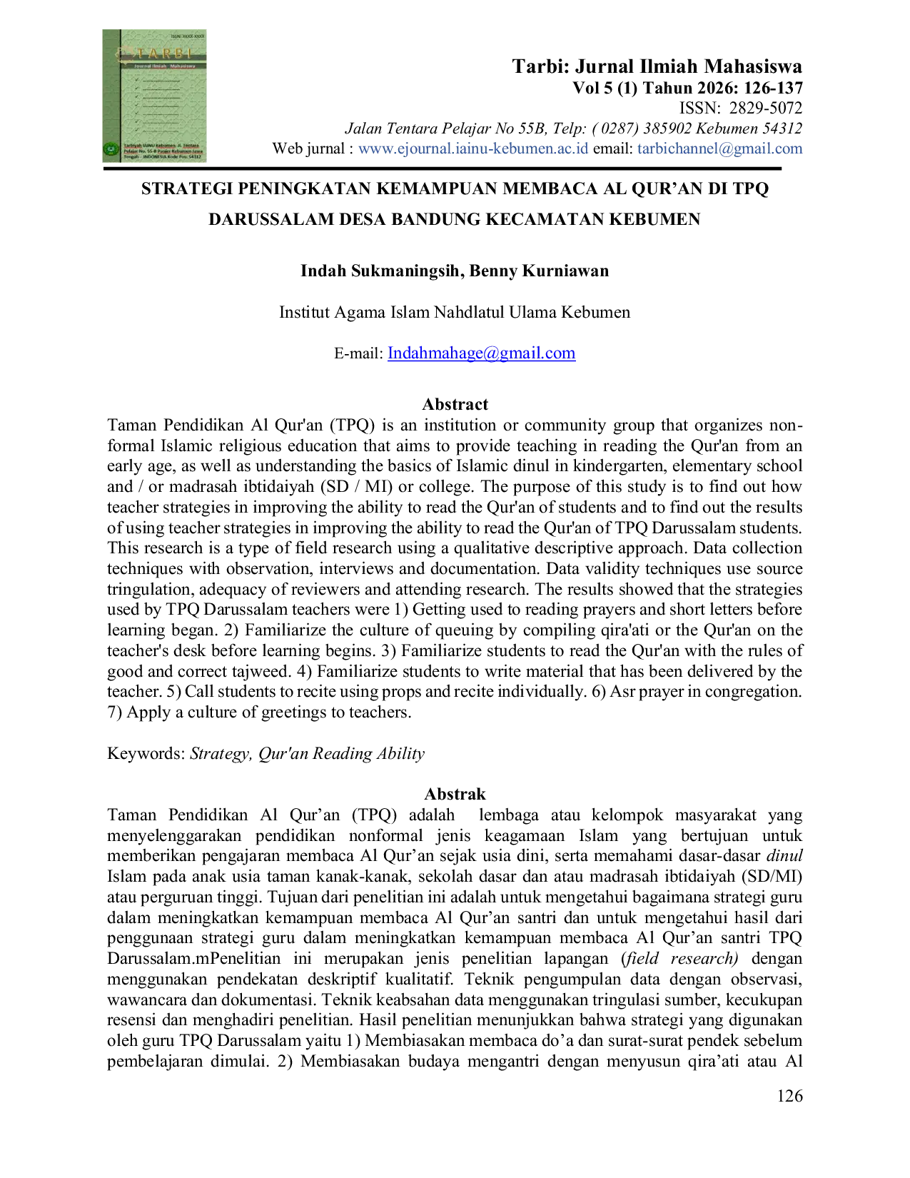 JURIS Strategi peningkatan kemampuan membaca Al Qur an di TPQ Darussalam Desa Bandung Kecamatan Kebumen