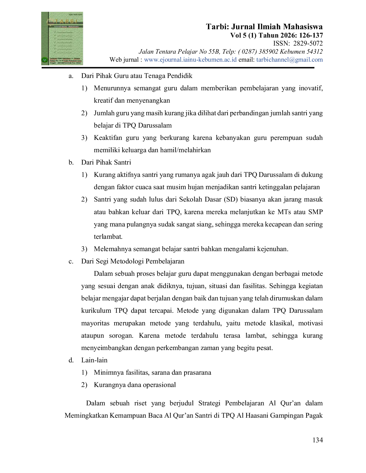 JURIS Strategi peningkatan kemampuan membaca Al Qur an di TPQ Darussalam Desa Bandung Kecamatan Kebumen