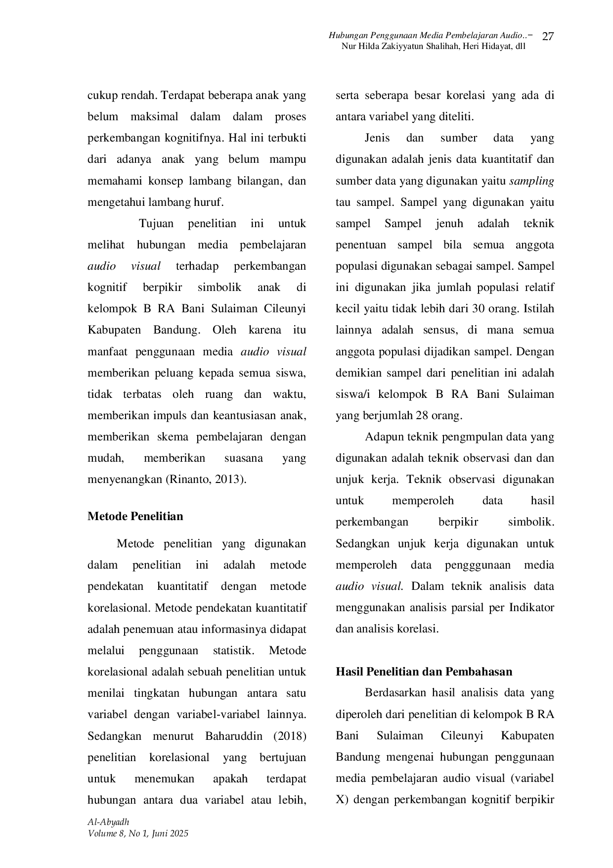 JURIS Hubungan Penggunaan Media Pembelajaran Audio Visual Dengan Perkembangan Kognitif Berpikir Simbolik Anak Usia Dini