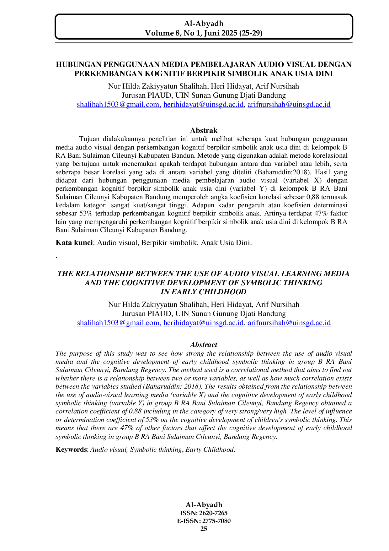 JURIS Hubungan Penggunaan Media Pembelajaran Audio Visual Dengan Perkembangan Kognitif Berpikir Simbolik Anak Usia Dini