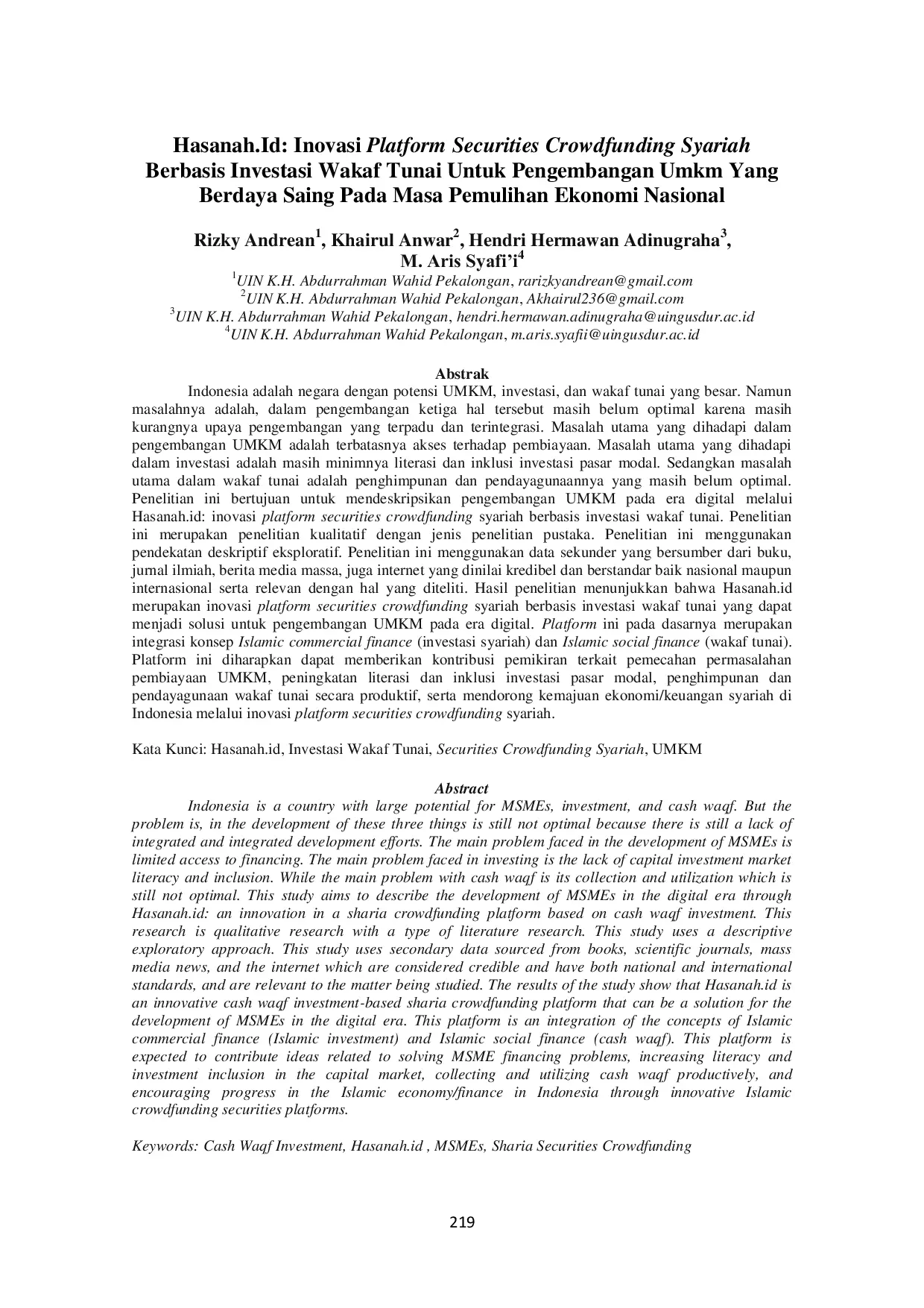 JURIS Hasanah Id Inovasi Platform Securities Crowdfunding Syariah Berbasis Investasi Wakaf Tunai Untuk Pengembangan UMKM Yang Berdaya Saing Pada Masa Pemulihan Ekonomi Nasional