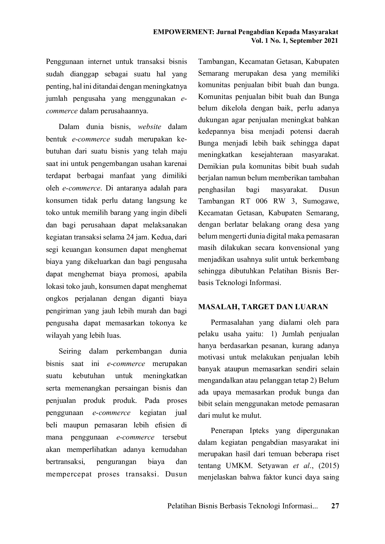 JURIS Pelatihan Bisnis Berbasis Teknologi Informasi Manajemen Retail Pada Dusun Tambang Kec Getasan Kab Semarang