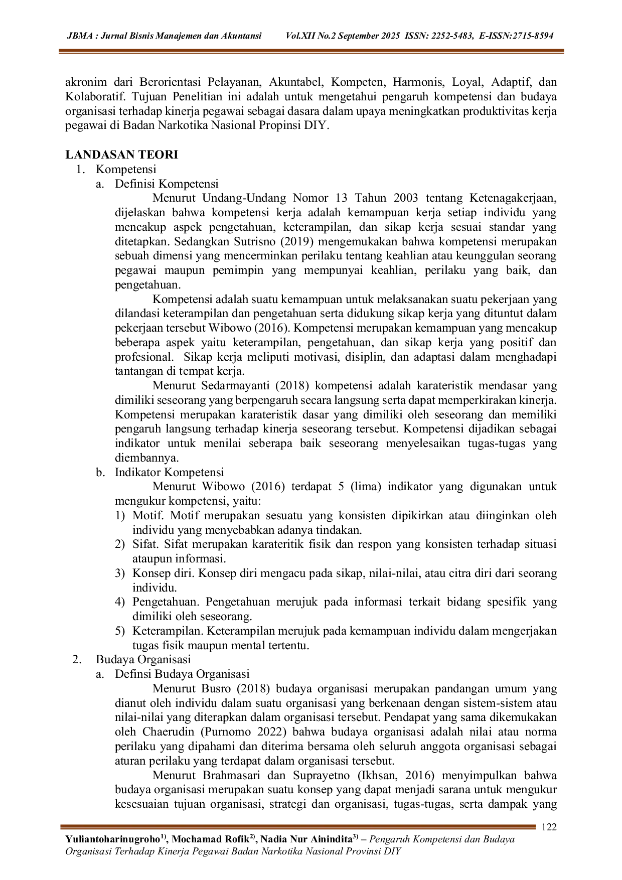 JURIS Pengaruh Kompetensi dan Budaya Organisasi Terhadap Kinerja Pegawai Badan Narkotika Nasional Provinsi DIY