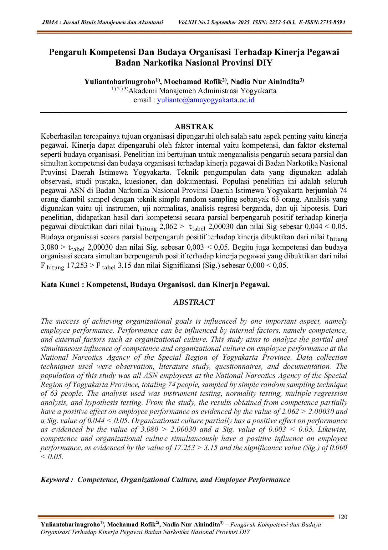JURIS Pengaruh Kompetensi dan Budaya Organisasi Terhadap Kinerja Pegawai Badan Narkotika Nasional Provinsi DIY