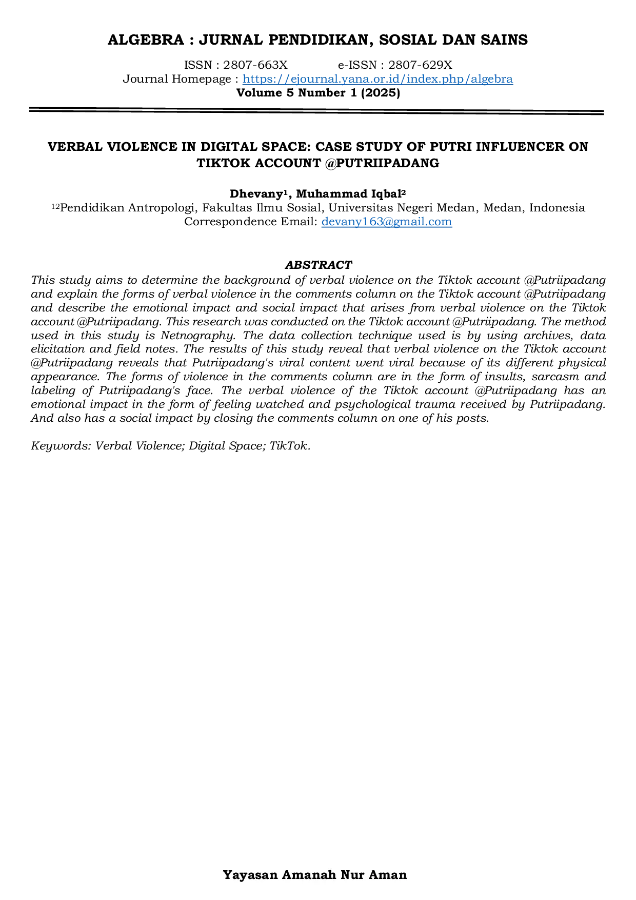JURIS Verbal Violence In Digital Space Case Study Of Putri Influencer On Tiktok Account Putriipadang