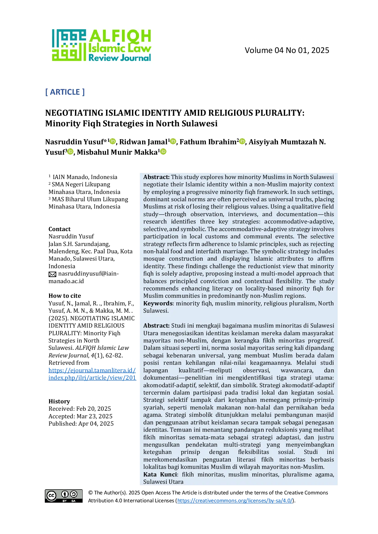 JURIS Negotiating Islamic Identity Amid Religious Plurality Minority Fiqh Strategies in North Sulawesi