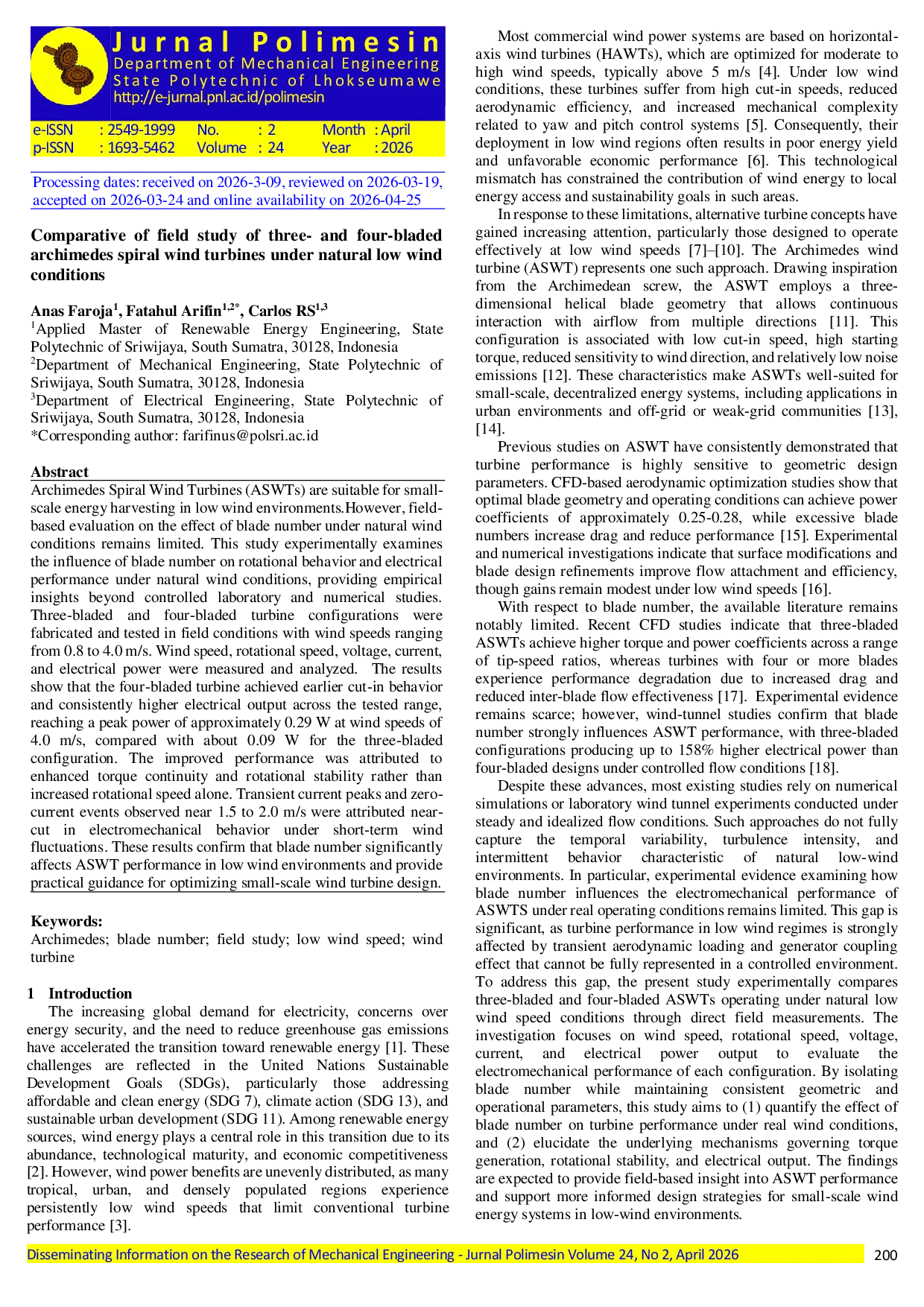JURIS Comparative of field study of three and four bladed archimedes spiral wind turbines under natural low wind conditions