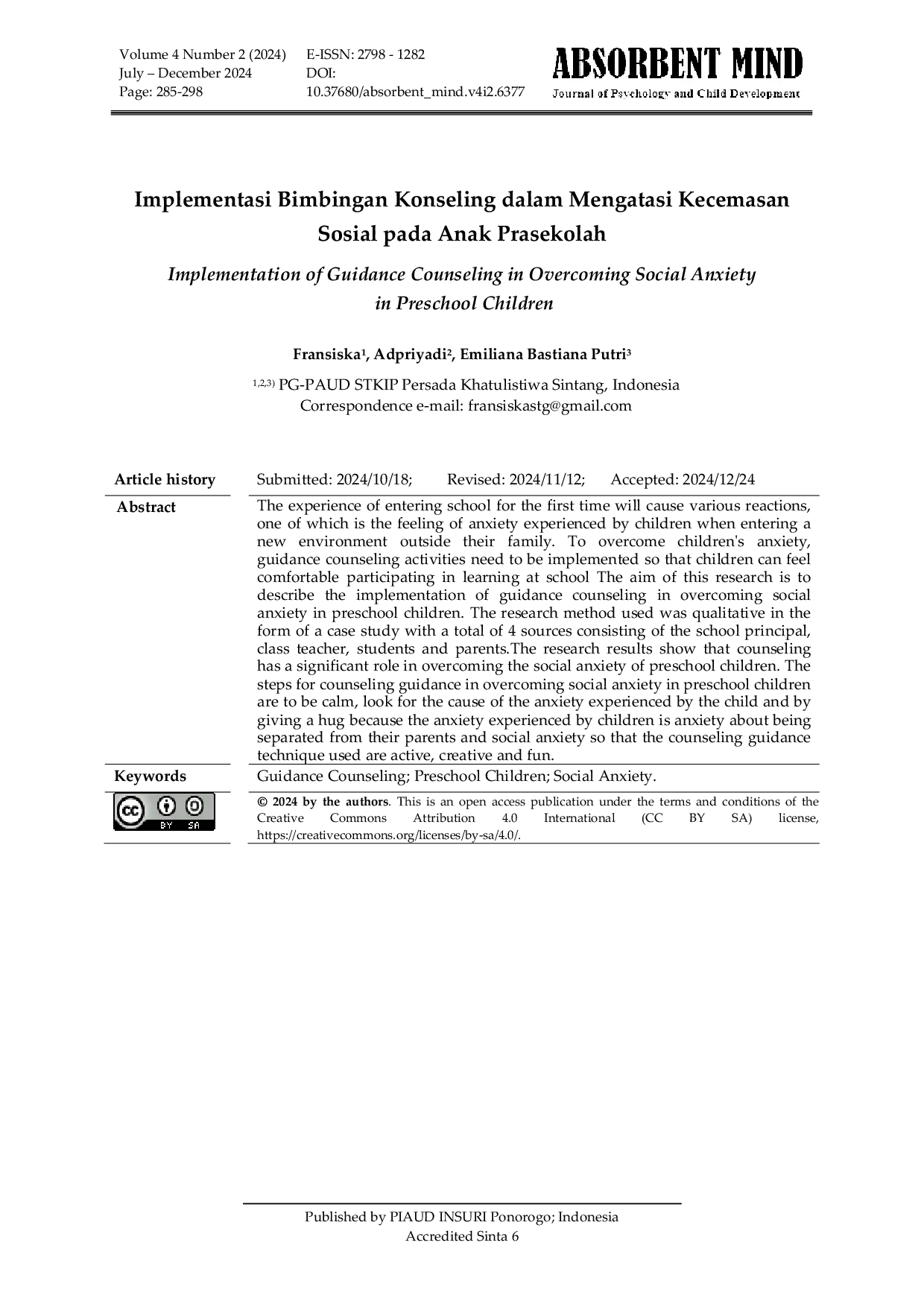 JURIS Implementasi Bimbingan Konseling Dalam Mengatasi Kecemasan Sosial Pada Anak Prasekolah