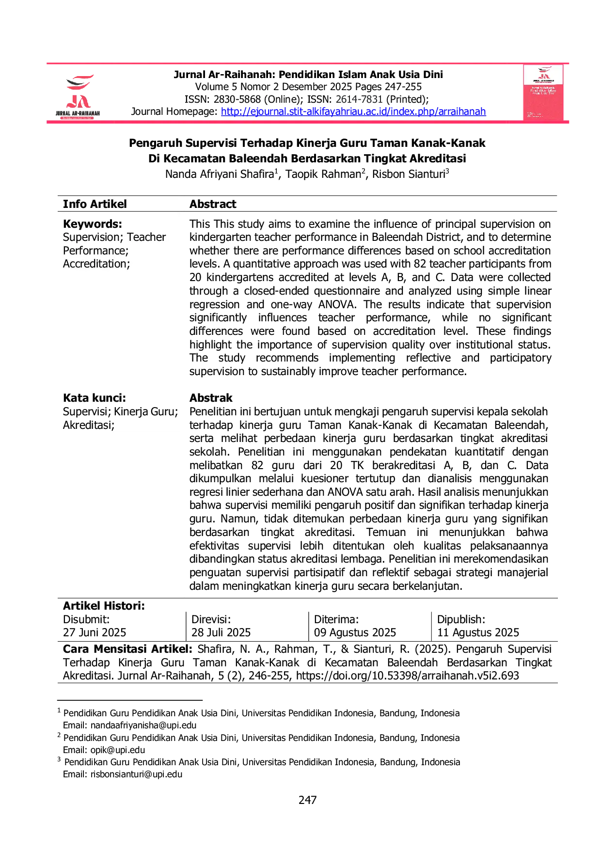 JURIS Pengaruh Supervisi Terhadap Kinerja Guru Taman Kanak Kanak Di Kecamatan Baleendah Berdasarkan Tingkat Akreditasi