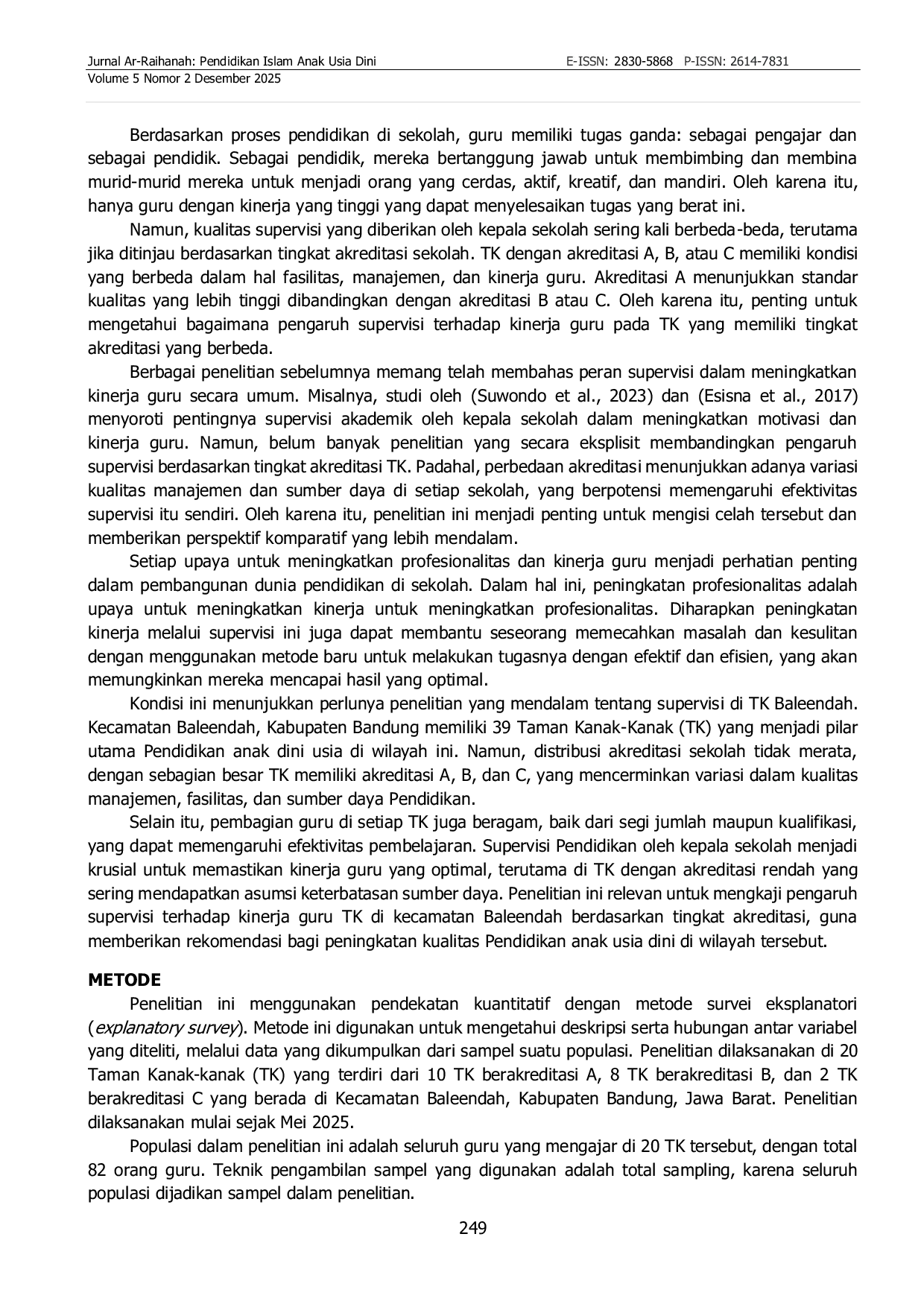 JURIS Pengaruh Supervisi Terhadap Kinerja Guru Taman Kanak Kanak Di Kecamatan Baleendah Berdasarkan Tingkat Akreditasi