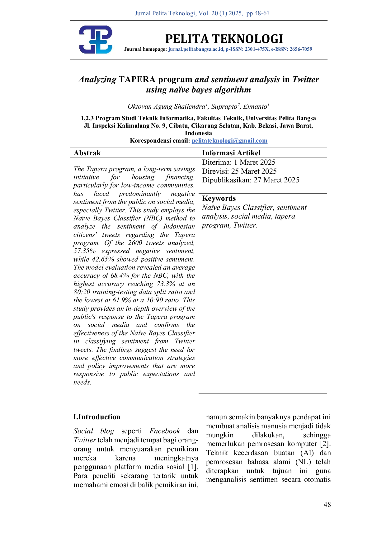 JURIS Analyzing TAPERA program and sentiment analysis in Twitter using na ve bayes algorithm