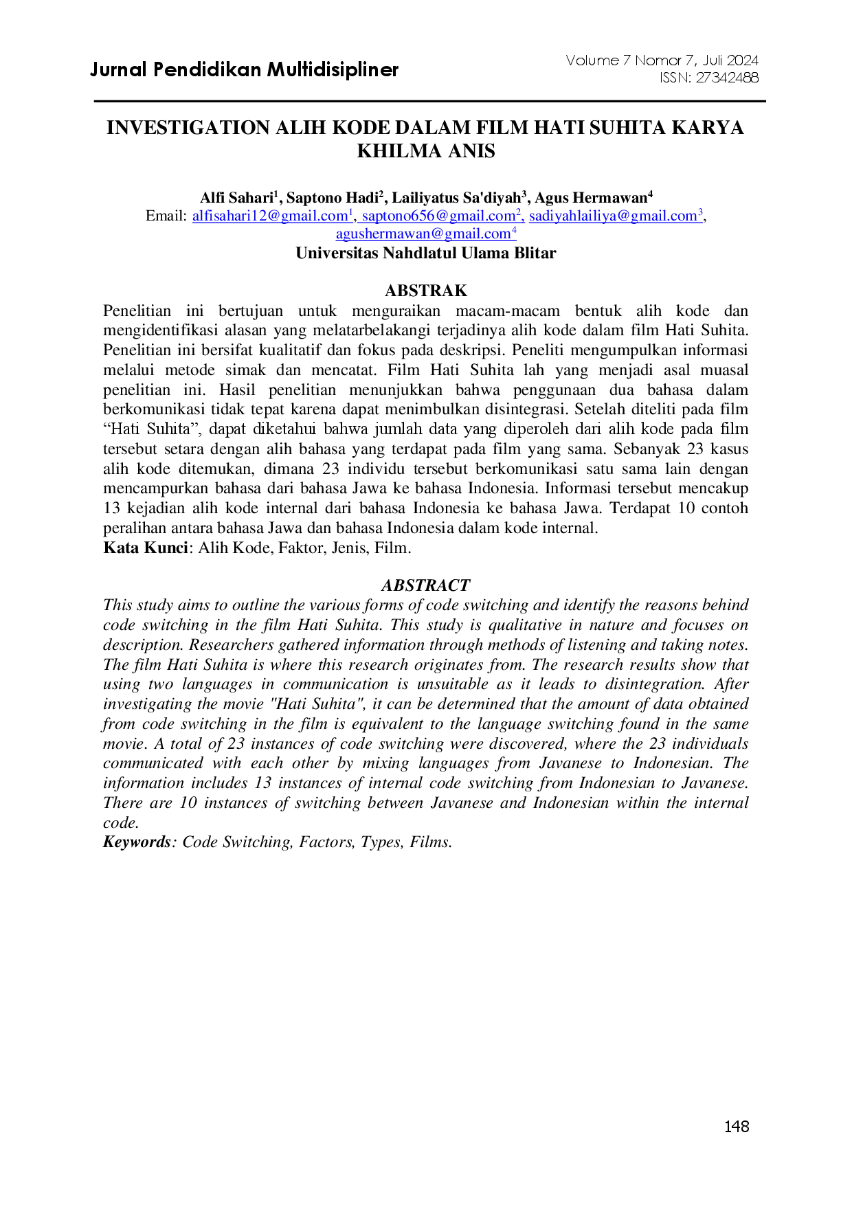 juris Investigation Alih Kode Dalam Film Hati Suhita Karya Khilma Anis