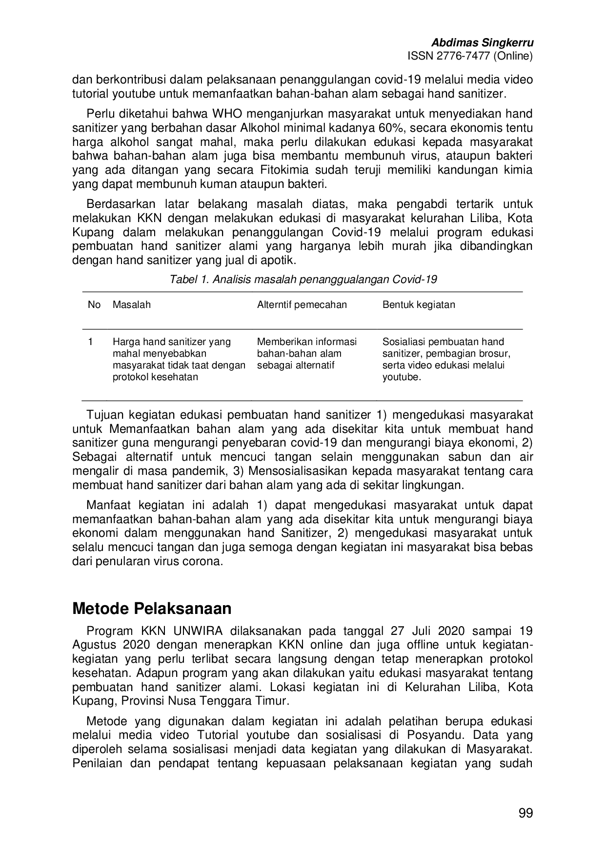 JURIS Edukasi Pembuatan Hand Sanitizer Alami Bagi Masyarakat Kelurahan Liliba Memanfaatkan Media Video Tutorial Youtube