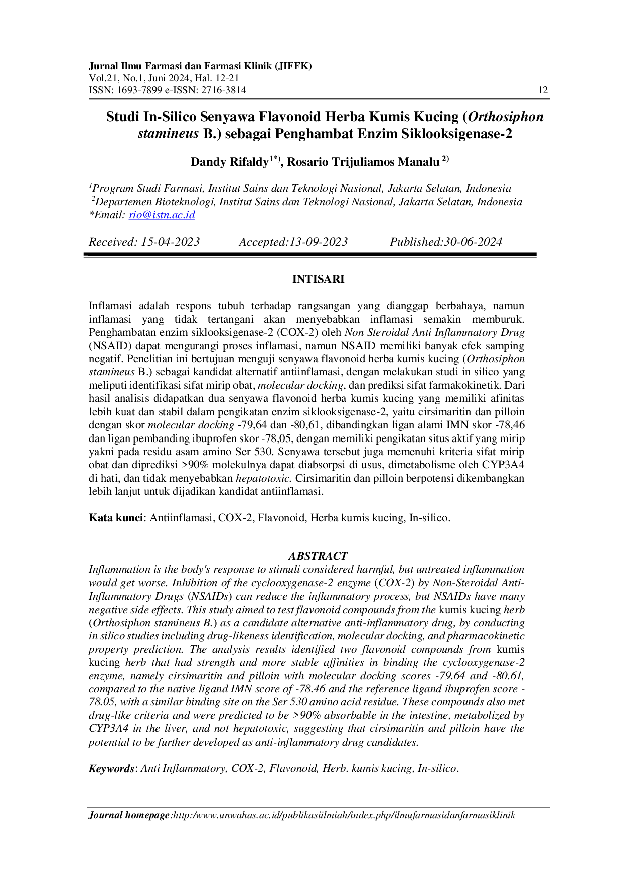 juris Studi In Silico Senyawa Flavonoid Herba Kumis Kucing Orthosiphon Stamineus B sebagai Penghambat Enzim Siklooksigenase 2