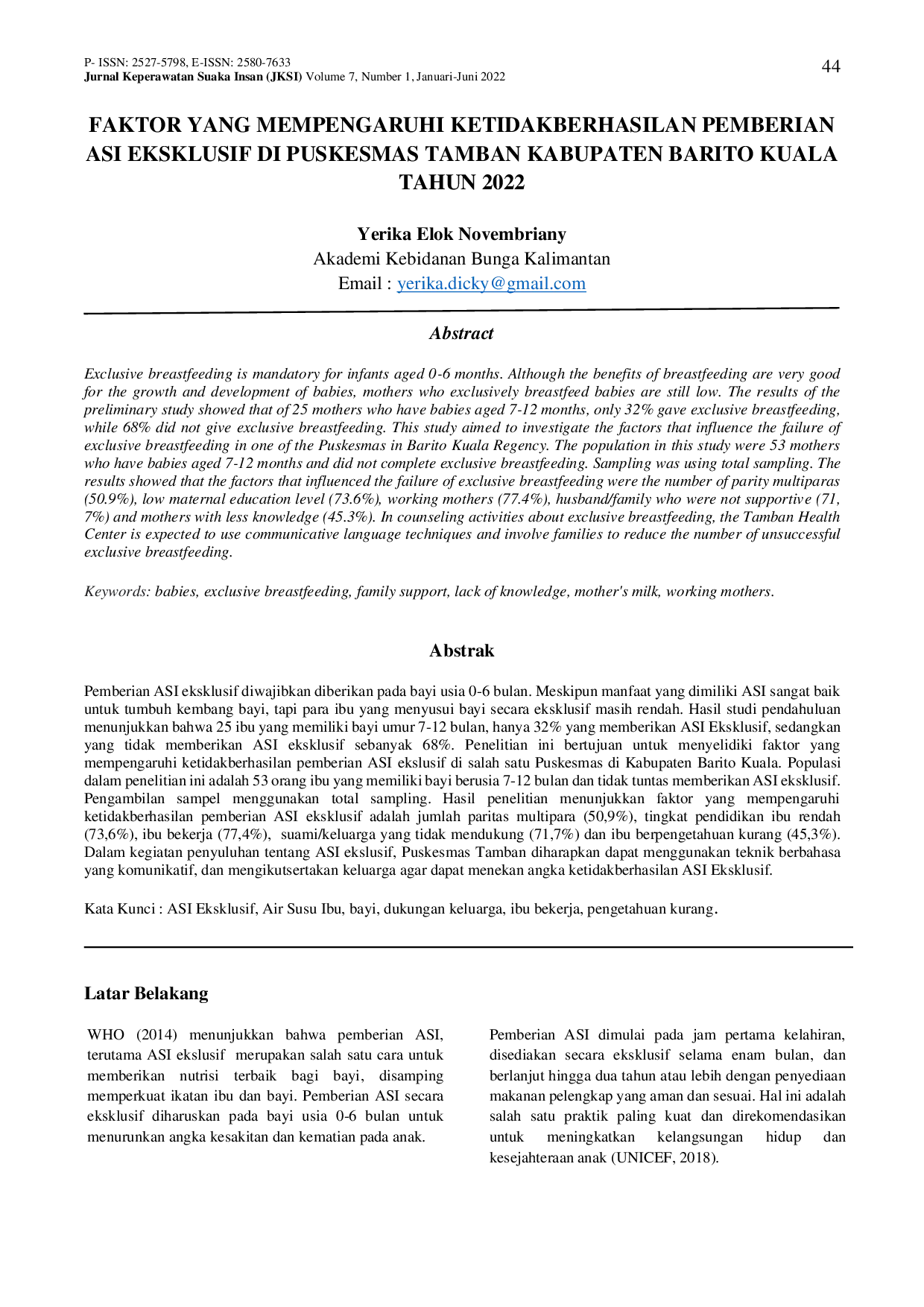 JURIS Faktor Yang Mempengaruhi Ketidakberhasilan Pemberian Asi Eksklusif Di Puskesmas Tamban Kabupaten Barito Kuala Tahun 2022