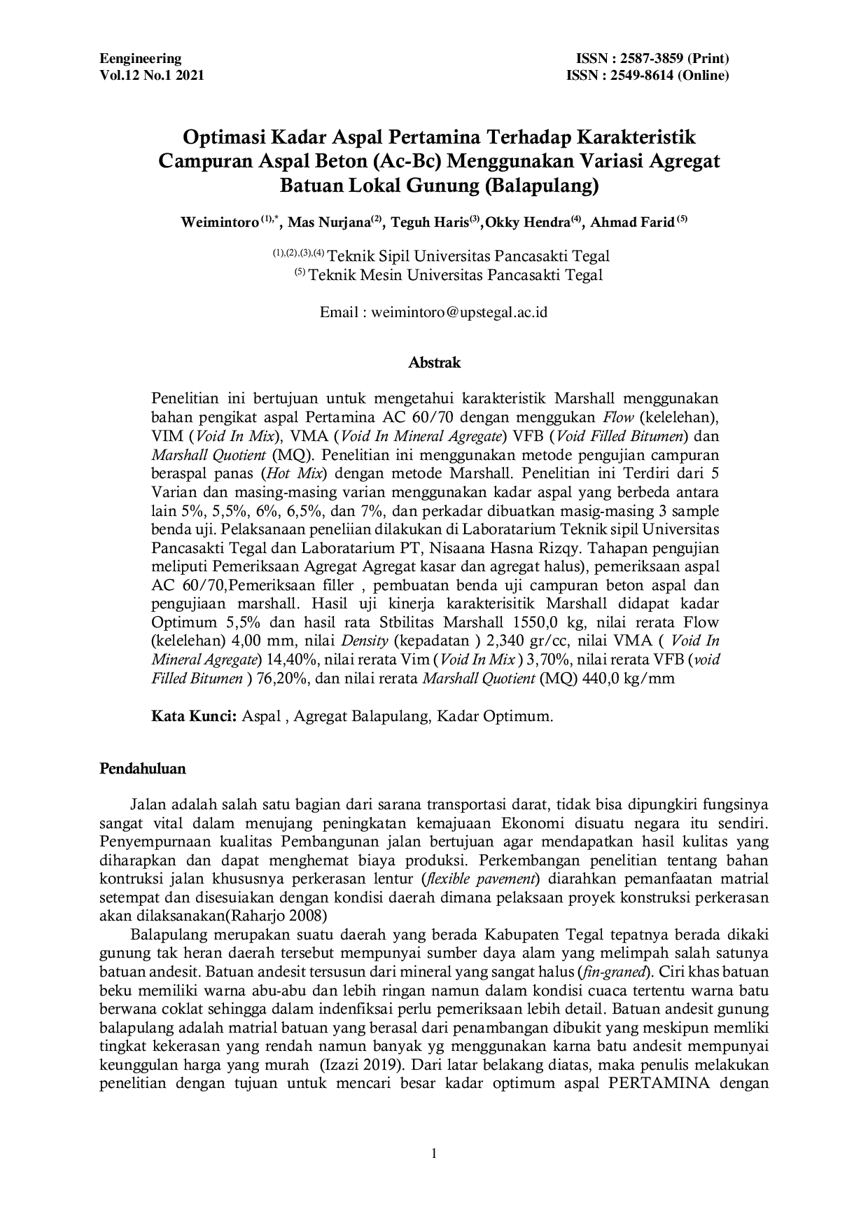 JURIS Optimasi Kadar Aspal Pertamina Terhadap Karakteristik Campuran Aspal Beton Ac Bc Menggunakan Variasi Agregat Batuan Lokal Gunung Balapulang