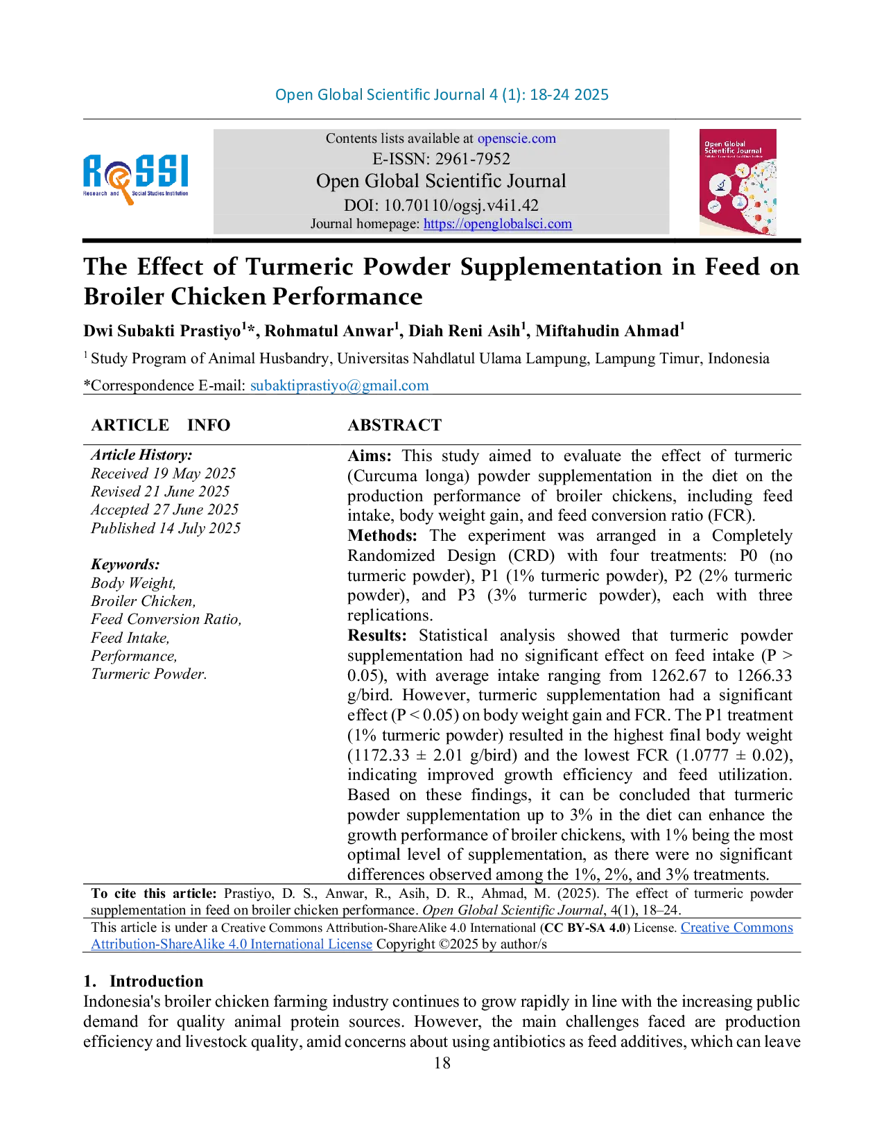 JURIS The Effect of Turmeric Powder Supplementation in Feed on Broiler Chicken Performance