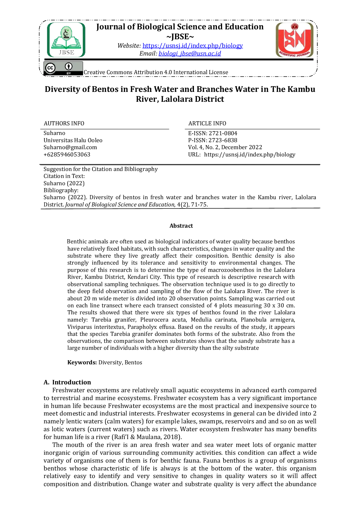 JURIS Diversity of Bentos in Fresh Water and Branches Water in The Kambu River Lalolara District