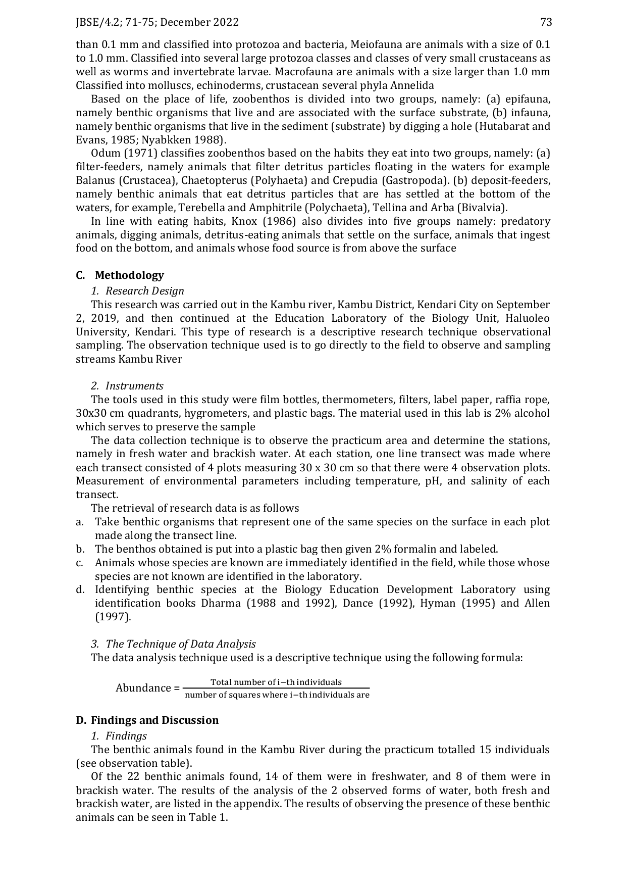 JURIS Diversity of Bentos in Fresh Water and Branches Water in The Kambu River Lalolara District