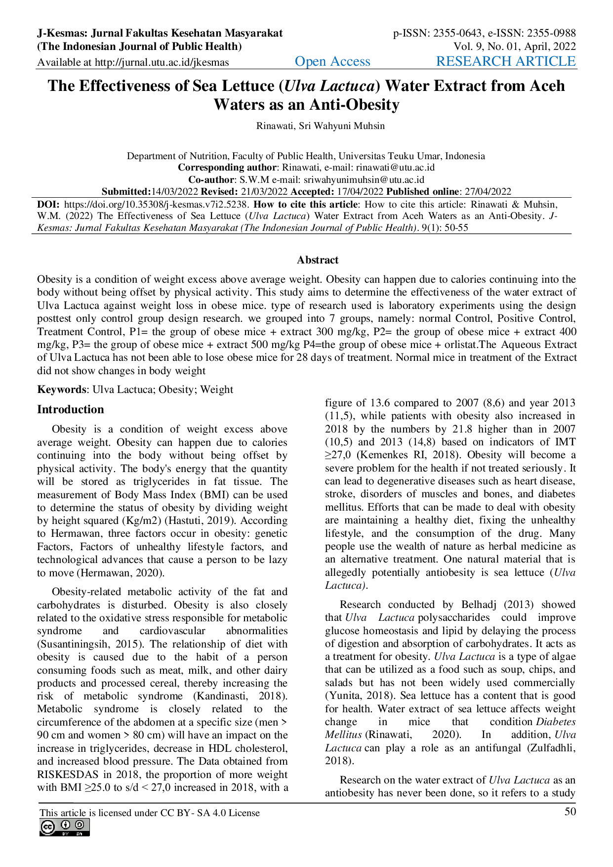 JURIS The Effectiveness of Sea Lettuce Ulva Lactuca Water Extract from Aceh Waters as an Anti Obesity