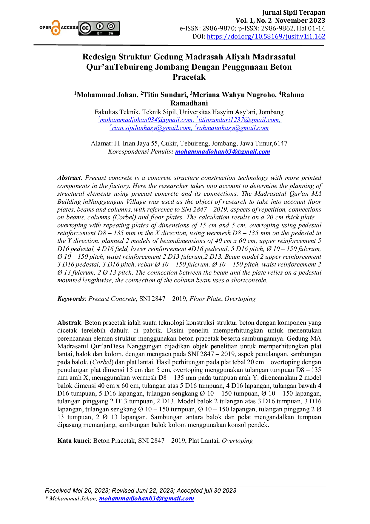 JURIS Redesign Struktur Gedung Madrasah Aliyah Madrasatul Qur an Tebuireng Jombang Dengan Penggunaan Beton Pracetak