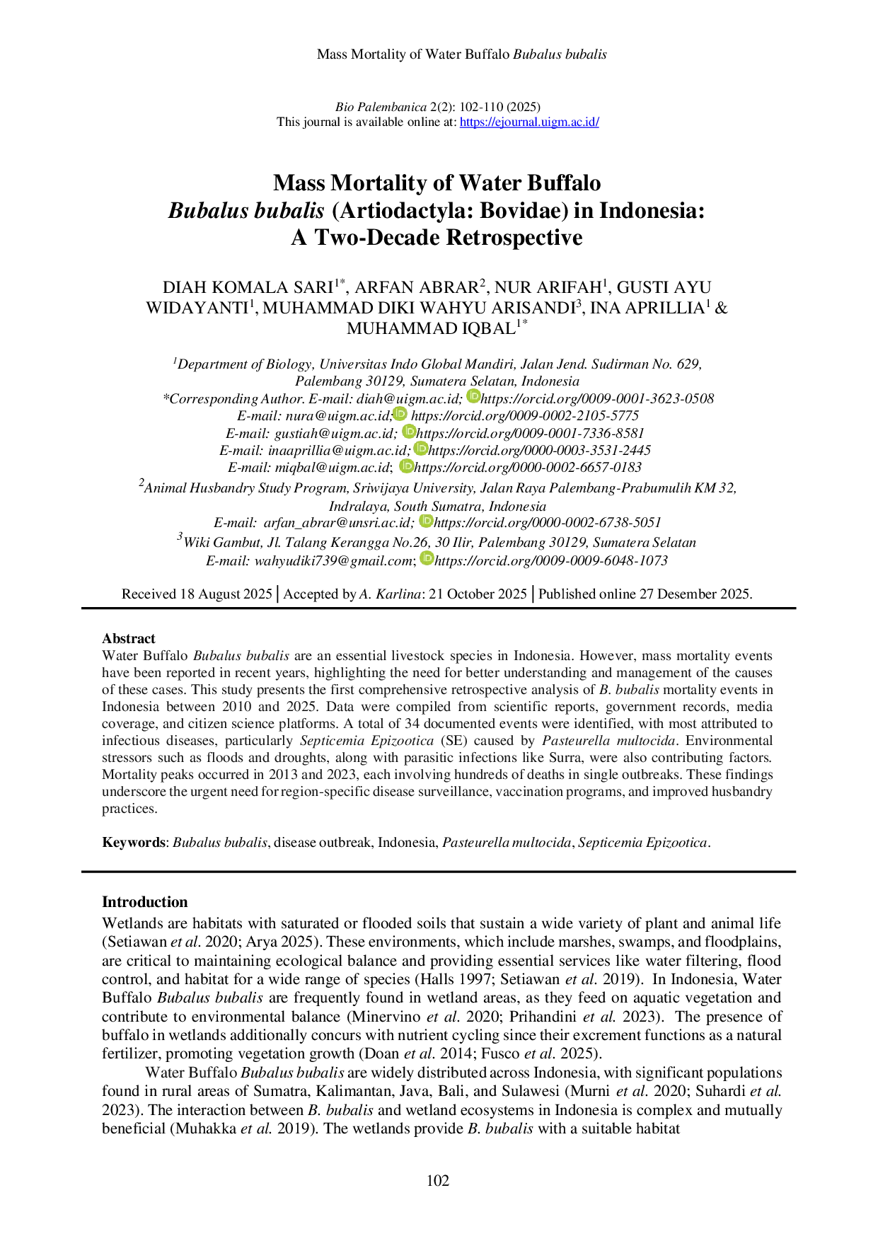 JURIS Mass Mortality of Water Buffalo Bubalus bubalis Artiodactyla Bovidae in Indonesia A Two Decade Retrospective