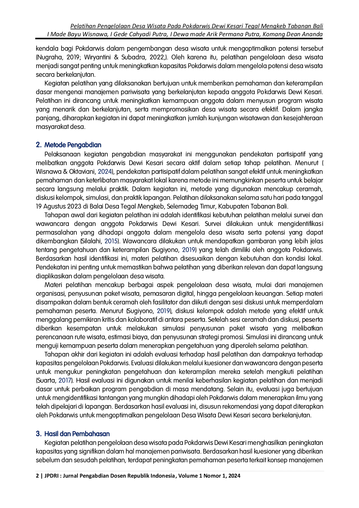 JURIS Pelatihan Pengelolaan Desa Wisata Pada Pokdarwis Dewi Kesari Tegal Mengkeb Tabanan Bali