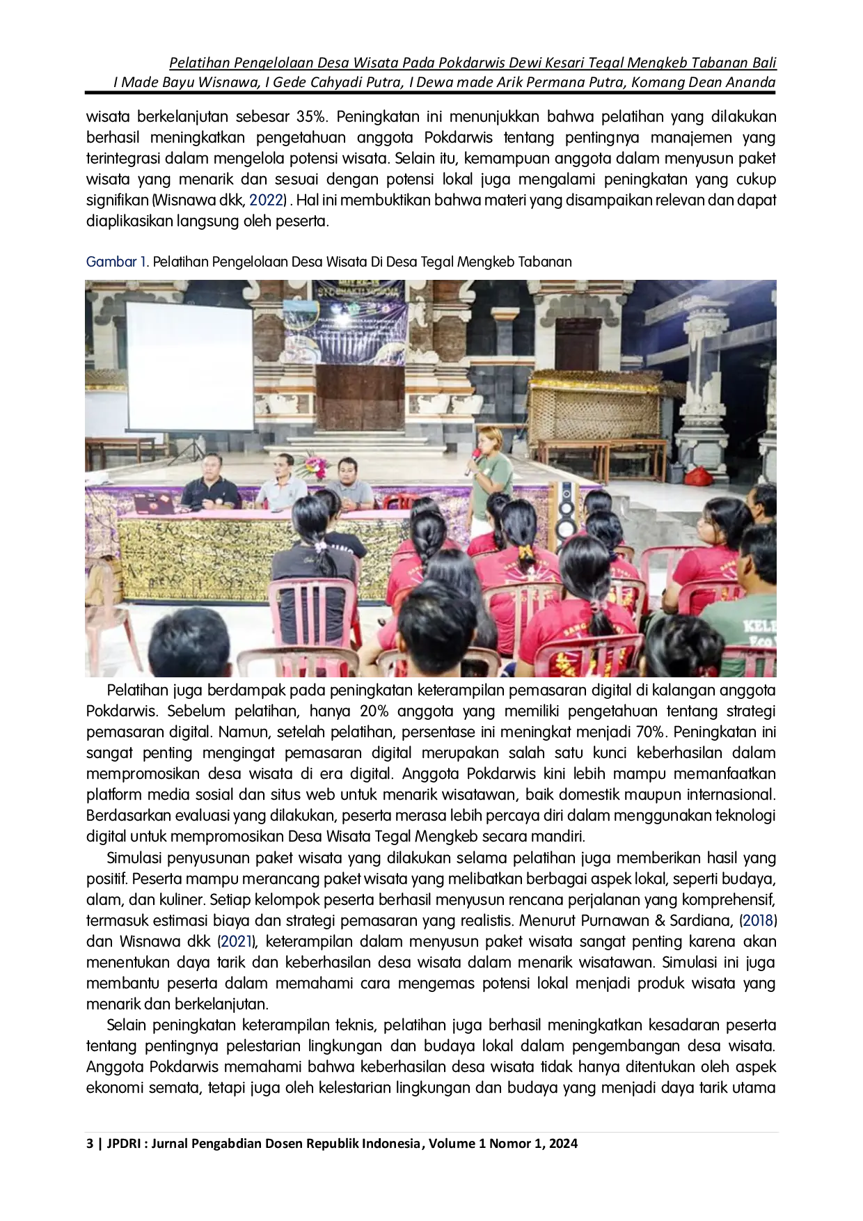 JURIS Pelatihan Pengelolaan Desa Wisata Pada Pokdarwis Dewi Kesari Tegal Mengkeb Tabanan Bali