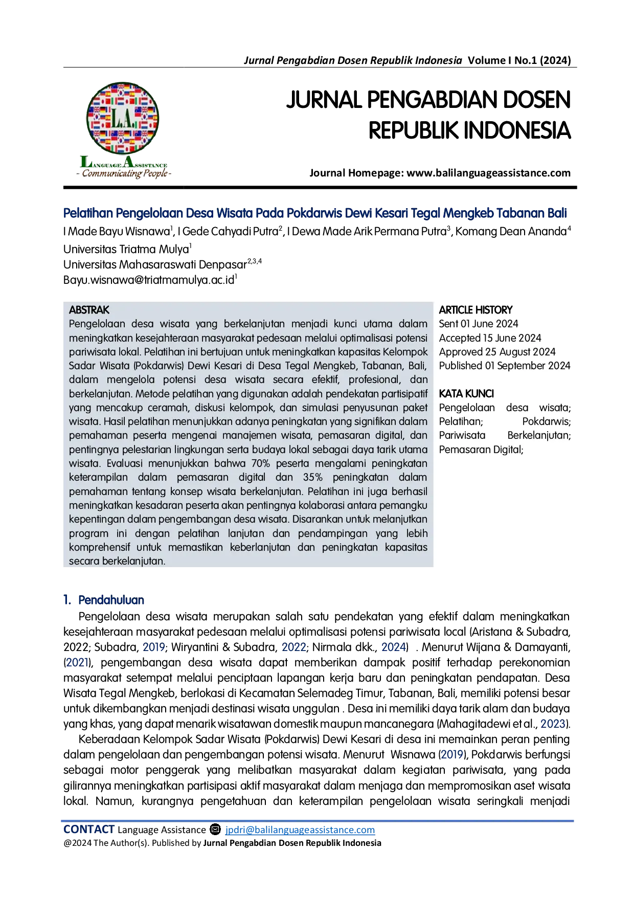 JURIS Pelatihan Pengelolaan Desa Wisata Pada Pokdarwis Dewi Kesari Tegal Mengkeb Tabanan Bali