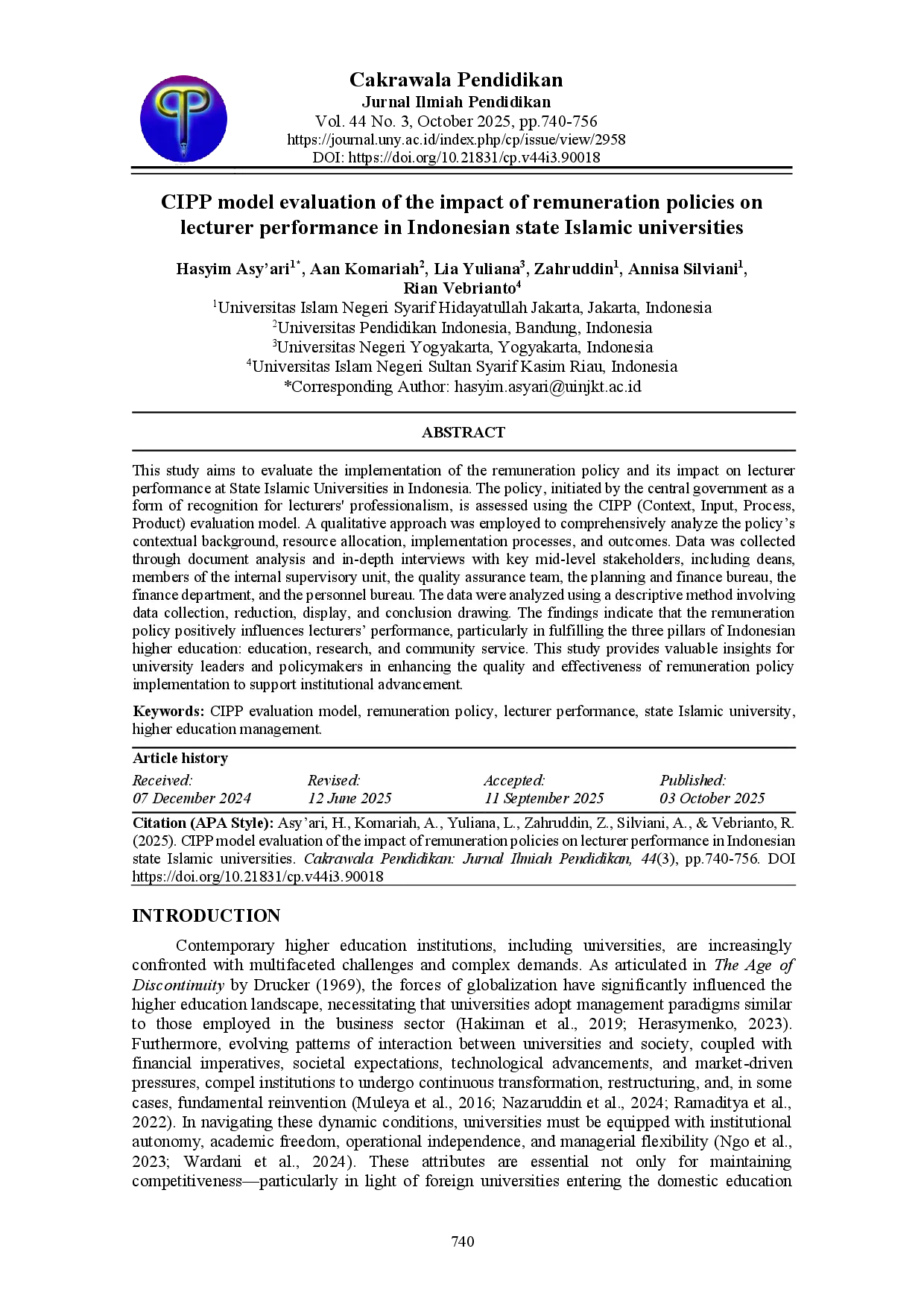 juris CIPP model evaluation of the impact of remuneration policies on lecturer performance in Indonesian state Islamic universities