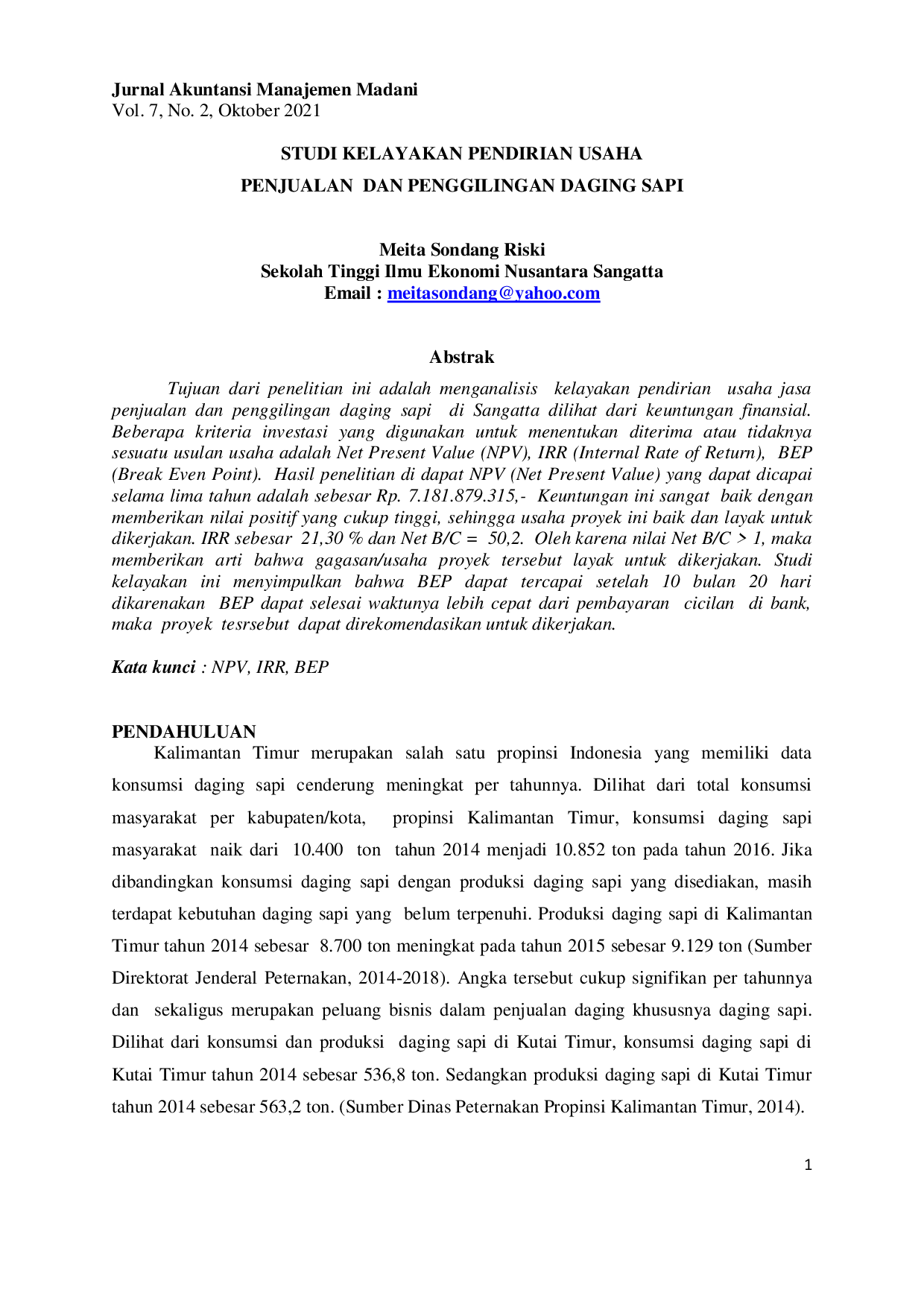 JURIS Studi Kelayakan Pendirian Usaha Penjualan dan Penggilingan Daging Sapi