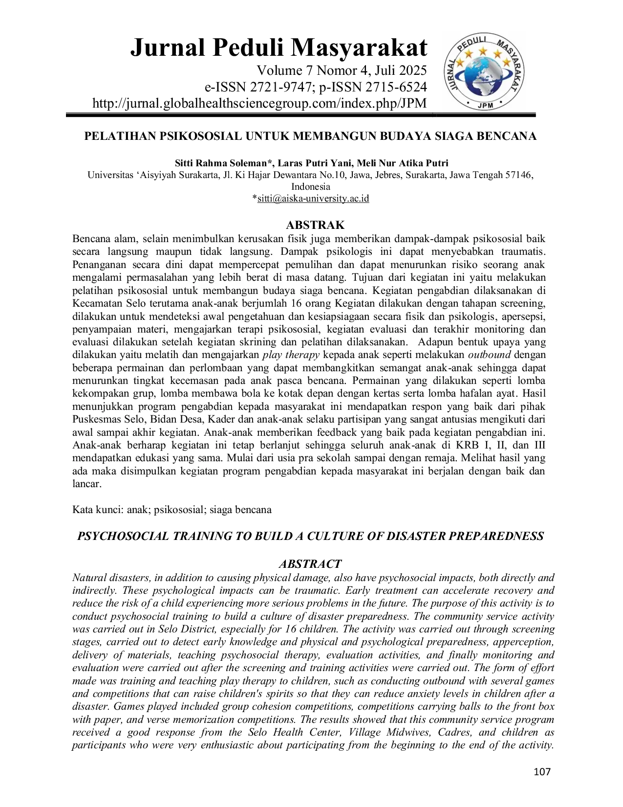 JURIS Pelatihan Psikososial untuk Membangun Budaya Siaga Bencana