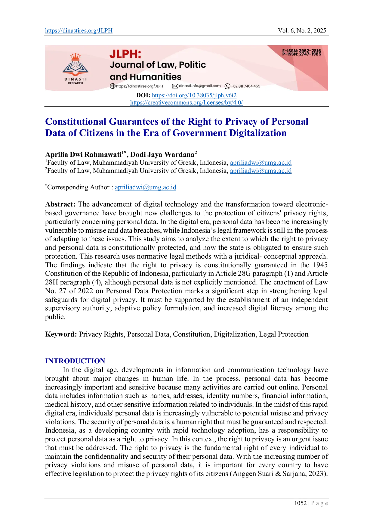 JURIS Constitutional Guarantees of the Right to Privacy of Personal Data of Citizens in the Era of Government Digitalization