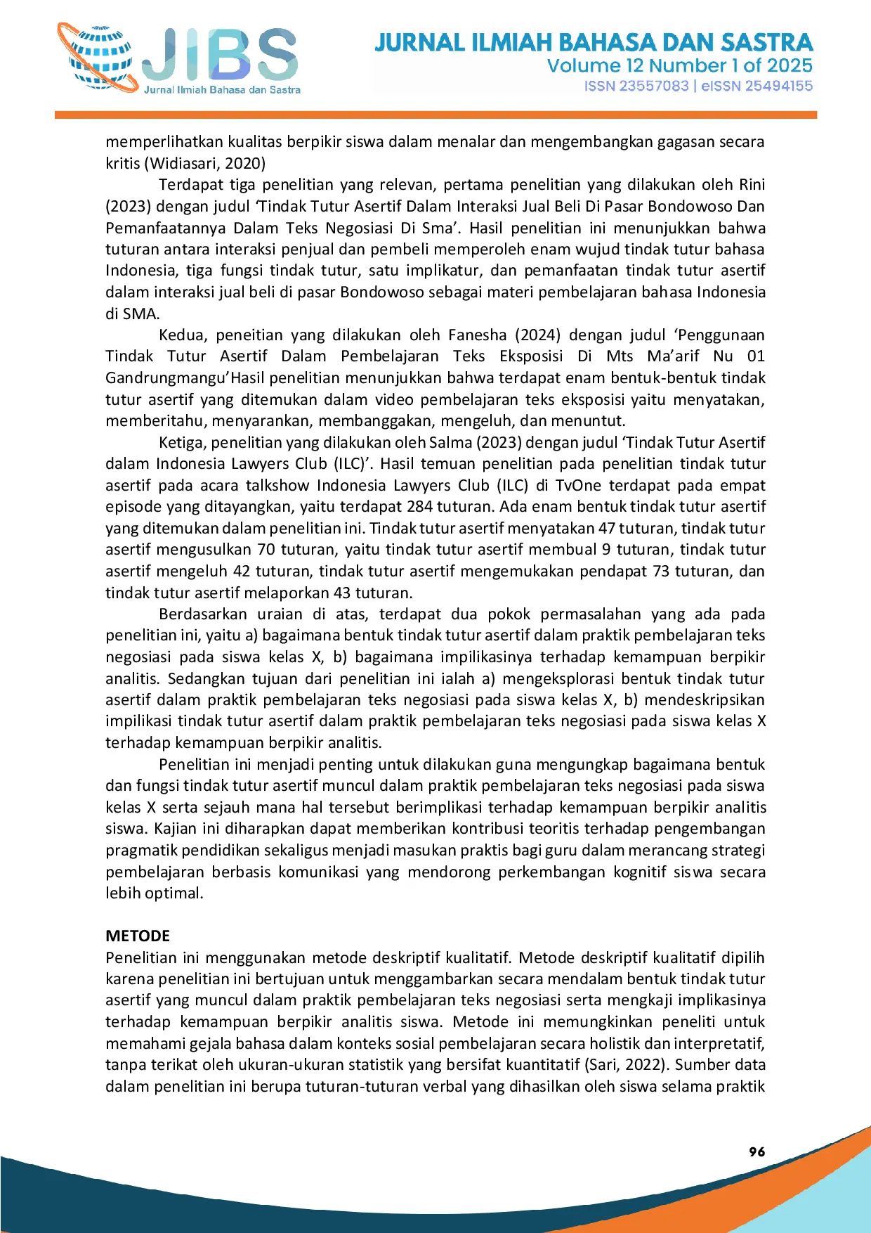 JURIS Analisis Tindak Tutur Asertif dalam Praktik Pembelajaran Teks Negosiasi pada Siswa Kelas X dan Implikasinya terhadap Kemampuan Berpikir Analitis