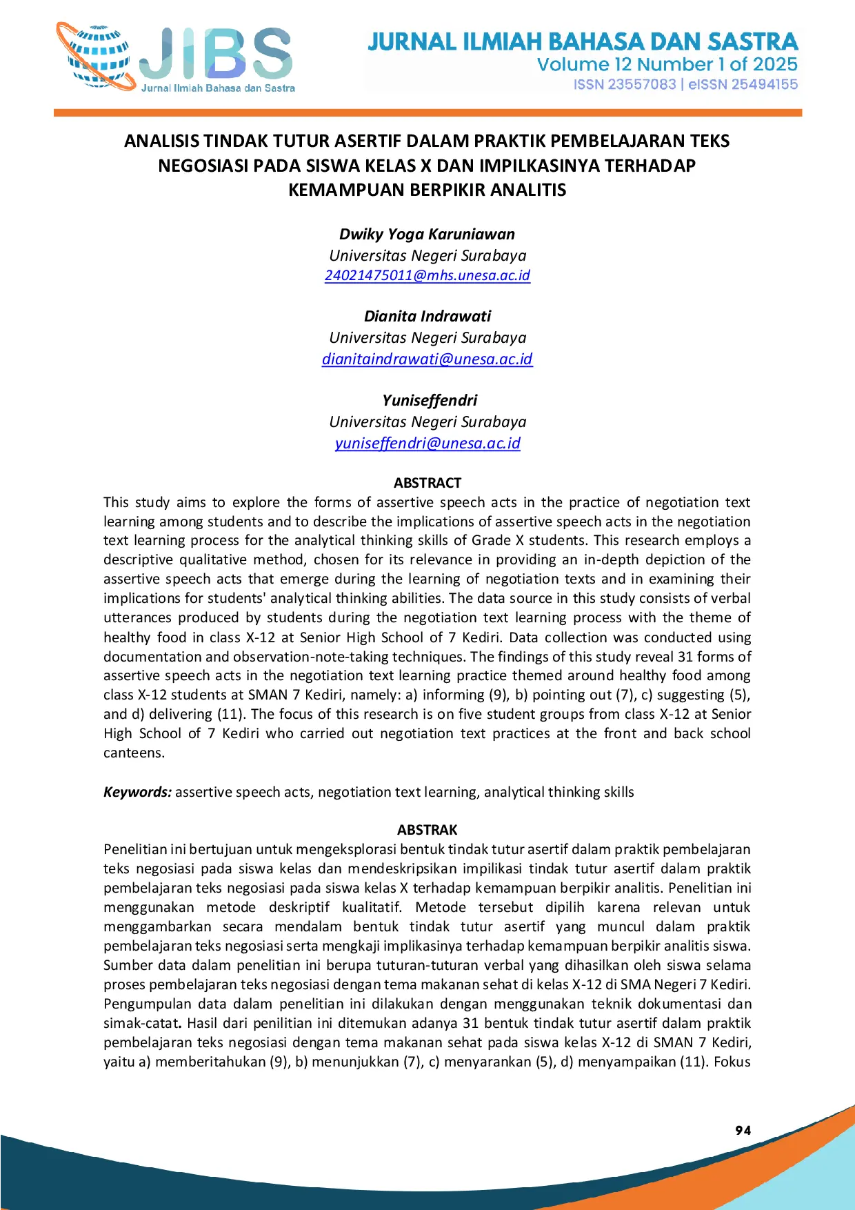 JURIS Analisis Tindak Tutur Asertif dalam Praktik Pembelajaran Teks Negosiasi pada Siswa Kelas X dan Implikasinya terhadap Kemampuan Berpikir Analitis
