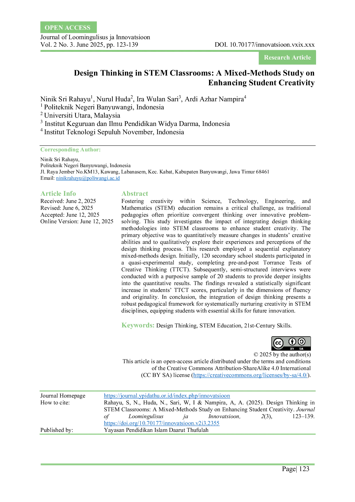 JURIS Design Thinking in STEM Classrooms A Mixed Methods Study on Enhancing Student Creativity